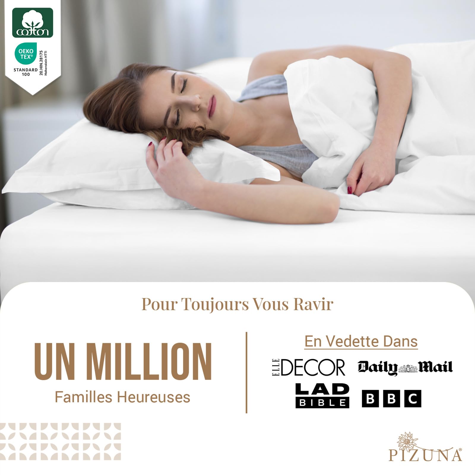 Pizuna Coton Luxueux Drap Housse 180x200 cm Blanc, 800 Fils | 100% Coton Longue Tige 800 Fils Armure Satin Drap Housse de Luxe Bonnet 40 cm (Blanc)