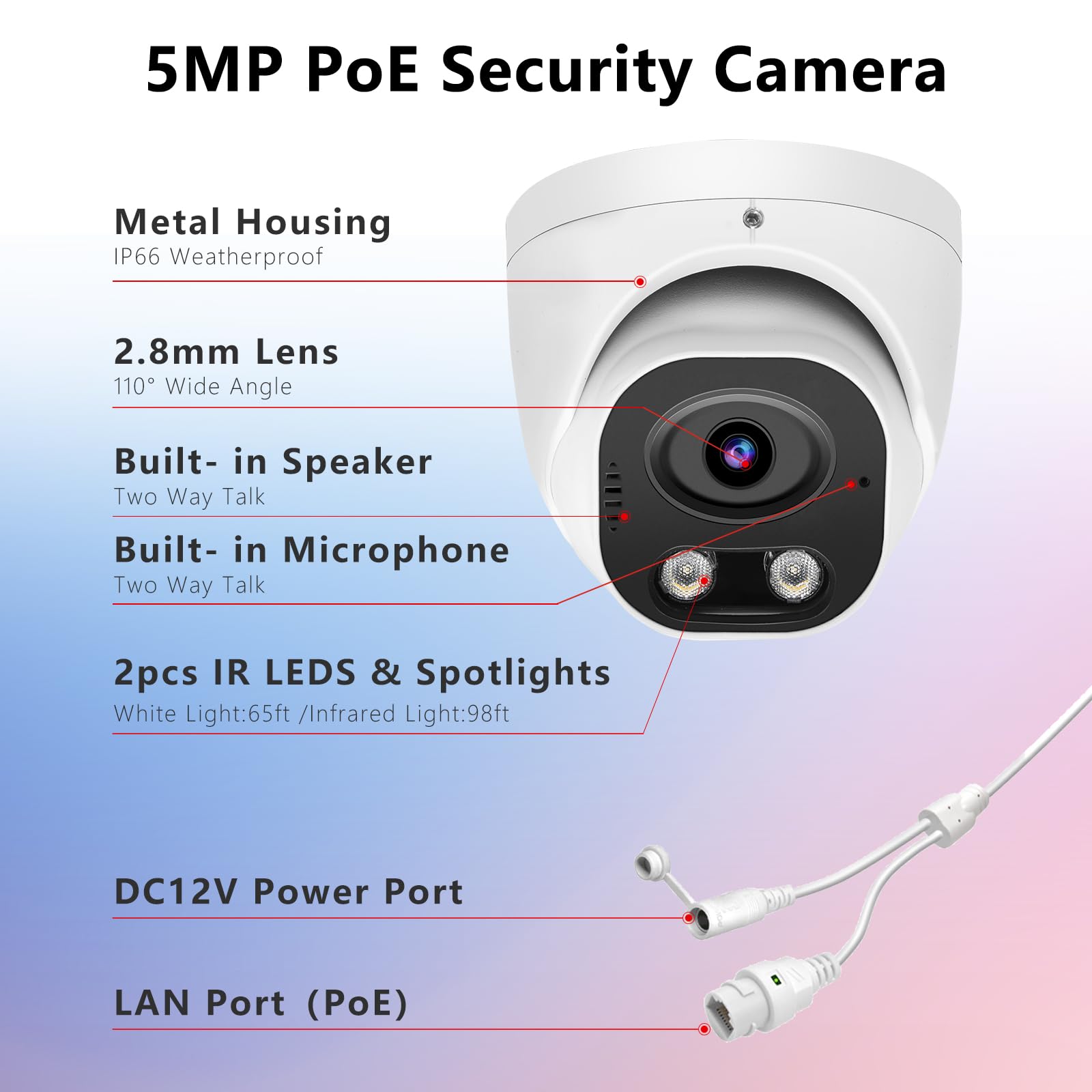 5MP PoE IP-Sicherheitskamera, H.265 Smart Dual-Lichtturm-Kuppelkamera, Farb-Nachtsicht, Zwei-Wege-Talk, SD-Kartensteckplatz, 29,9 m Nachtsicht, 110° Weitwinkel, Menschen-/Fahrzeugerkennung