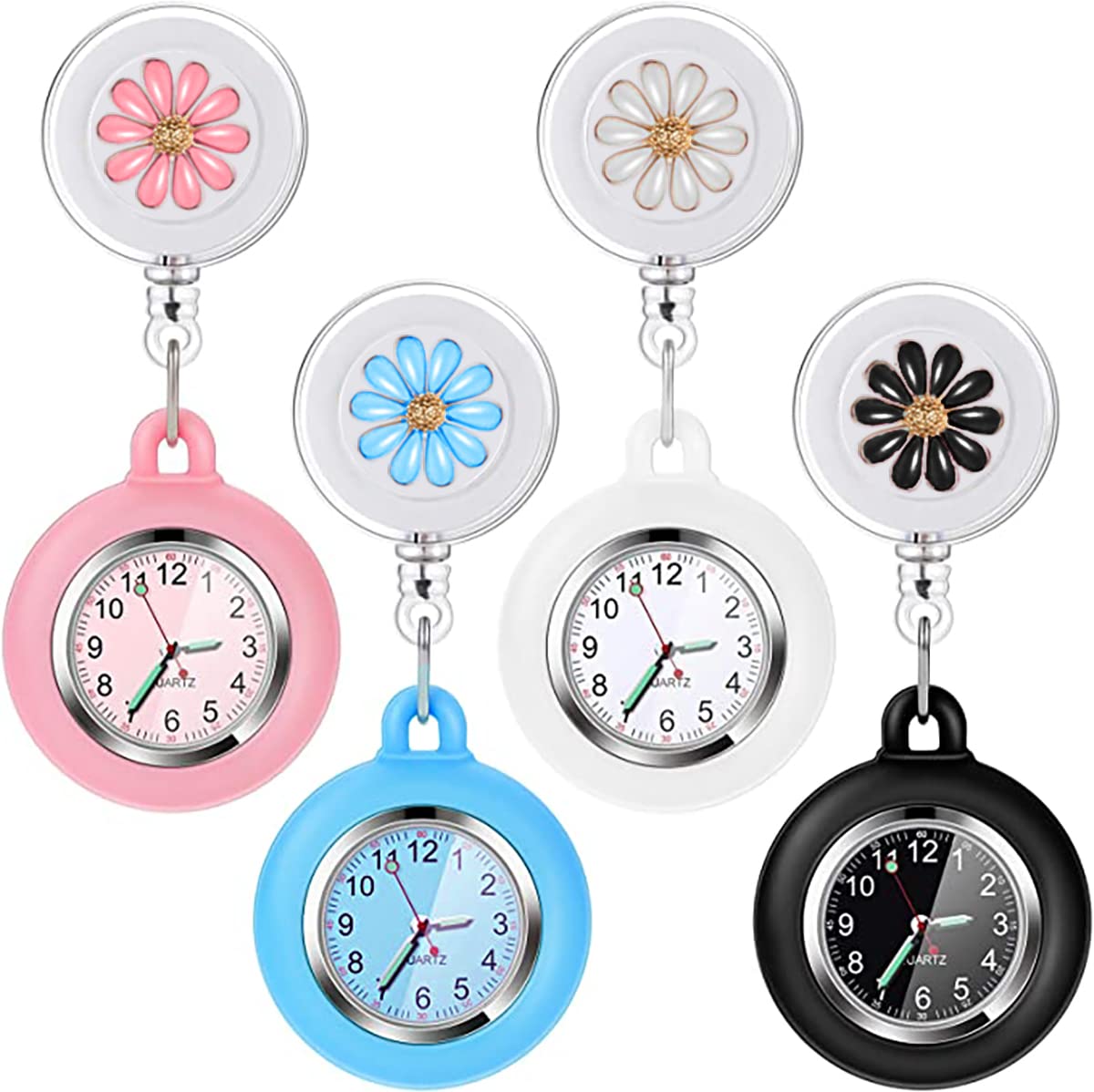 AGEN KGEN4 Pack Retractable Nurse Watch for Nurses Doctors, Clip-on Hanging Lapel Nurse Watch Silicone Cover Brooch Fob Pocket Watch Badge Reel