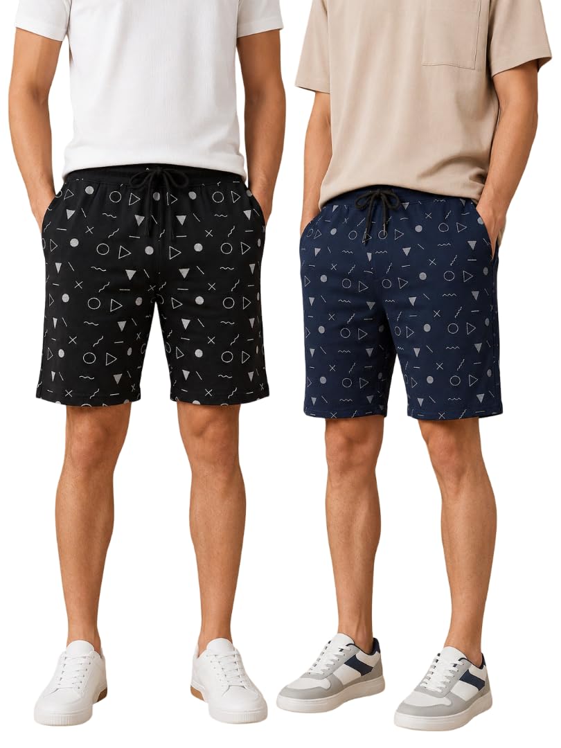 Mens Green-Black Printed Cotton Shorts Combo (Pack of 2) | Comfortable Casual & Loungewear Shorts | Soft Breathable Lounge & Sleepwear Shorts with Drawstring & Pockets-image-22