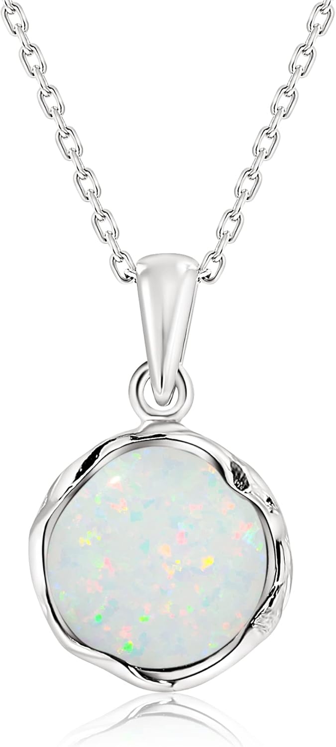 ADITA GOLD 925 Sterling Silver White Opal Necklace, Dainty 12mm Round Gemstone Pendant, October Birthstone Bridal Wedding Jewelry, Handmade Vintage Statement Jewel for Classy Brides and Women