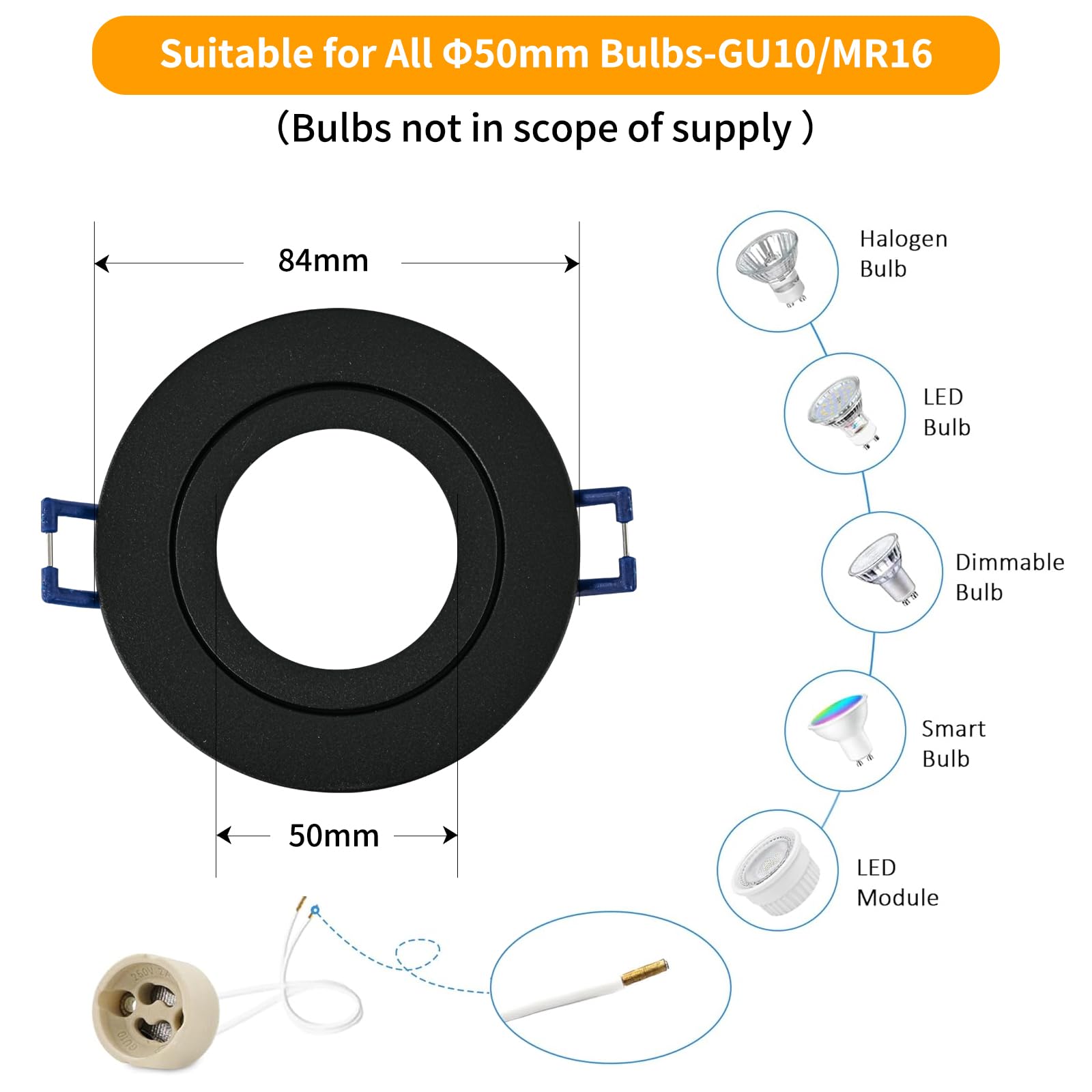 GeyouLux 4x wpuszczana lampa punktowa LED 230 V IP44 Rama z gniazdem GU10, czarne aluminiowe reflektory sufitowe z aluminium, okrągłe płaskie reflektory łazienkowe rama montażowa 68 mm na zewnątrz -