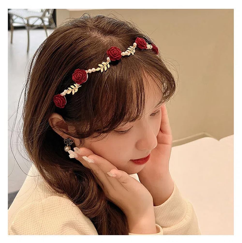 Red Rose and Pearl Headband Thin Brim Flower Hairbands Bridal Headpiece Artificial Pearls Floral Hair Hoop Accessories for Wedding Party - Image 4