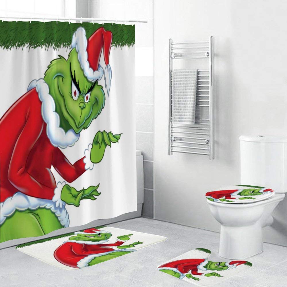 LemonationFF The Grinch Stole Christmas 4 Piece Shower Curtain Set with Non-Slip Rug, Toilet Lid Cover, Bath Mat and 12 Hooks, Floral Lotus Waterproof Shower Curtain Set for Bathroom