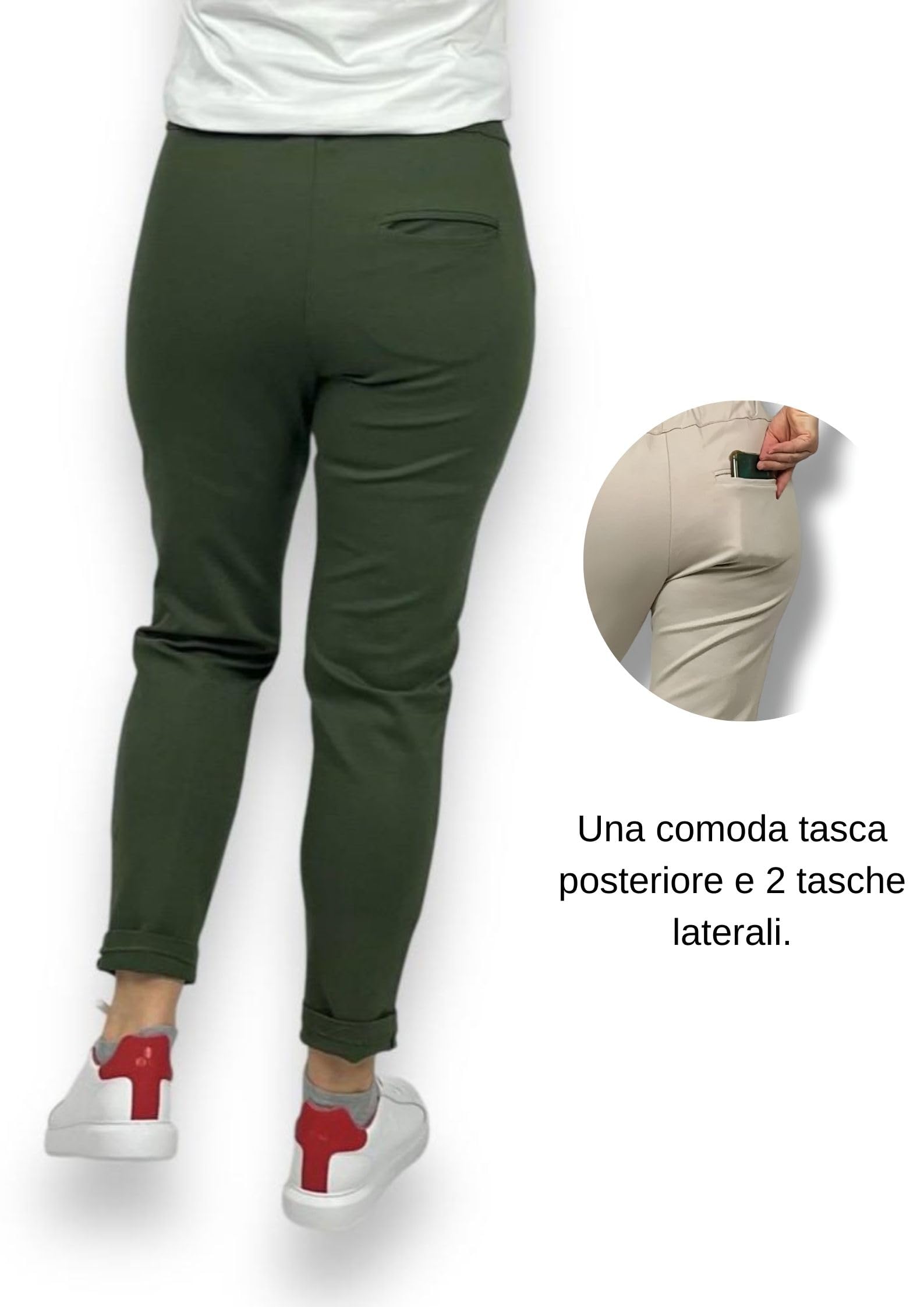 Pantalon Femme Taille Haute Élastique - Chino Cigarette Confortable Grande Taille Legging Élégant Curvy Élastique à la Taille Joggers Doux Viscose, vert militaire, XL