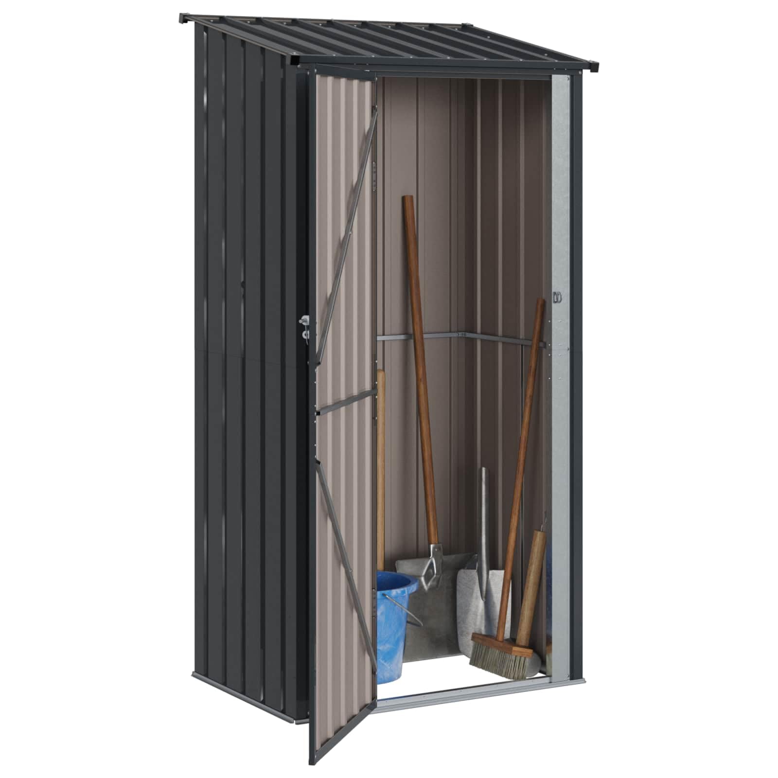 Domek ogrodowy, antracyt, metalowy, 103 x 74 x 200 cm, odporna na warunki atmosferyczne szopa na narzędzia z zamkiem, magazyn narzędzi, kosiarki, roweru, kosza na śmieci, idealna na taras
