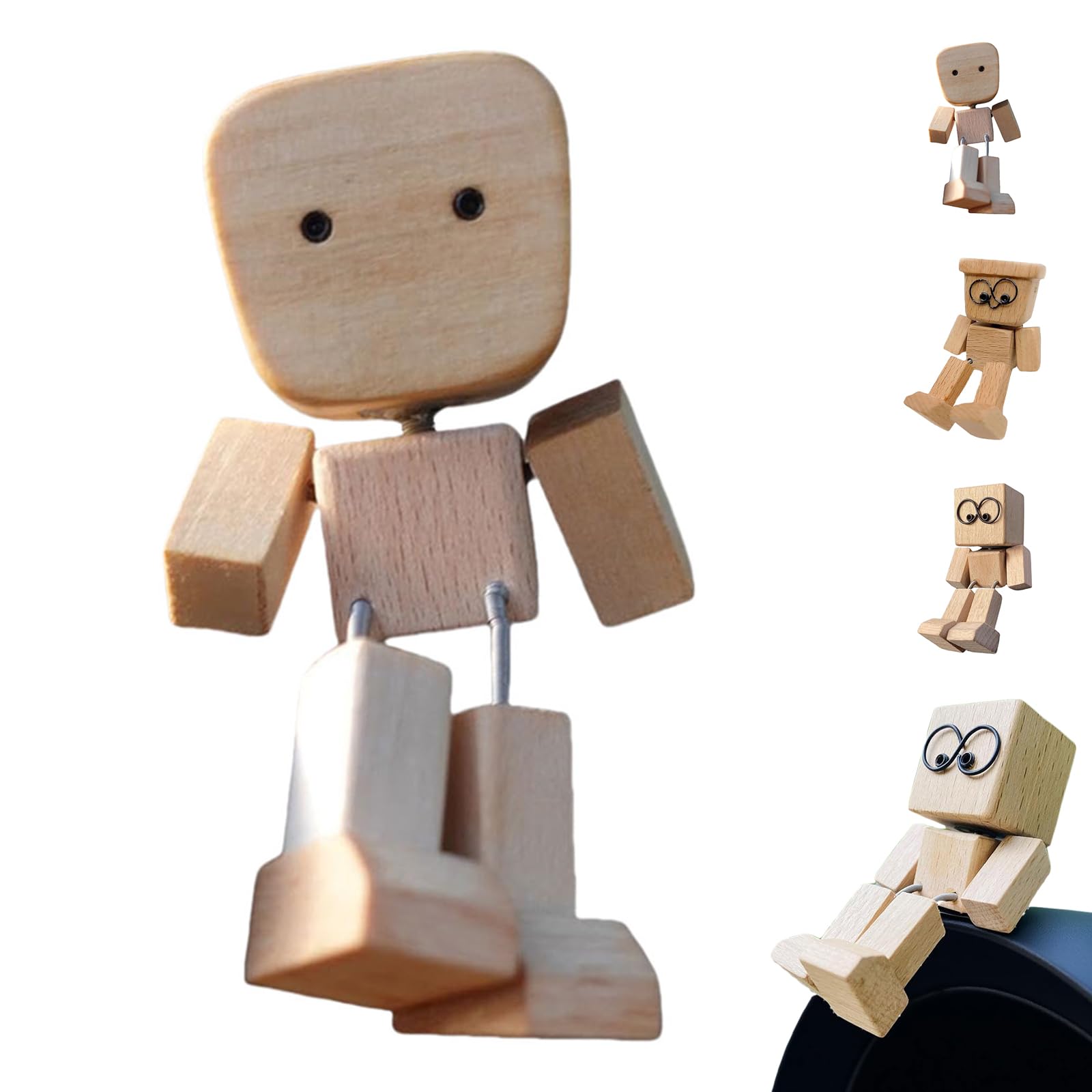 Azuraokey Yellow Shaking Wooden Man Figurine – Handmade Kinetic Wooden Doll For Car Dashboard & Desktop Decor, Fun Moving Limbs Car Ornaments, Creative For Wife Daughter & Office Decor