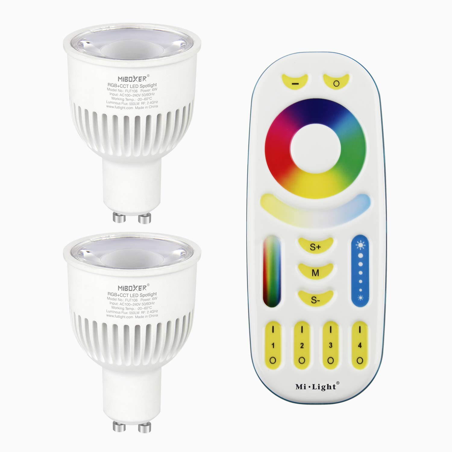 lighteuMilight Miboxer 2X 6W GU10 RGB+CCT LED Spotlight Color Changing and CCT WW CW Temperature Adjustable with a 4-Zone Remote (2X FUT106+FUT092)