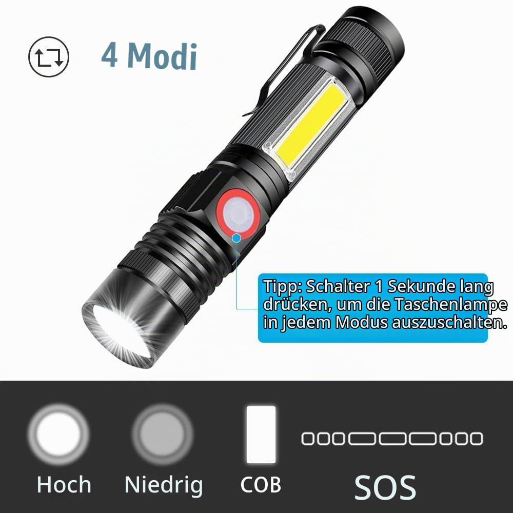 Karrong Taschenlampe LED Aufladbar mit Magnet COB Seitenlicht Zoombar, Extrem Hell 3000 Lumen USB Taschenlampen Batteriebetrieben Wasserdicht, 4 Modi für Outdoor Wandern Camping Notfall, braun