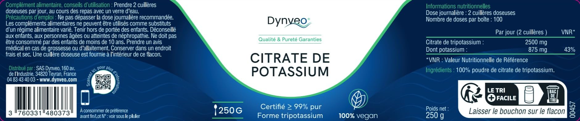 Citrate de Potassium pur 99% - Pression sanguine, Muscles, Système nerveux - Haute assimilation, sans additif - Vegan - 250g en Poudre (100 doses) - Fabriqué en France - Dynveo