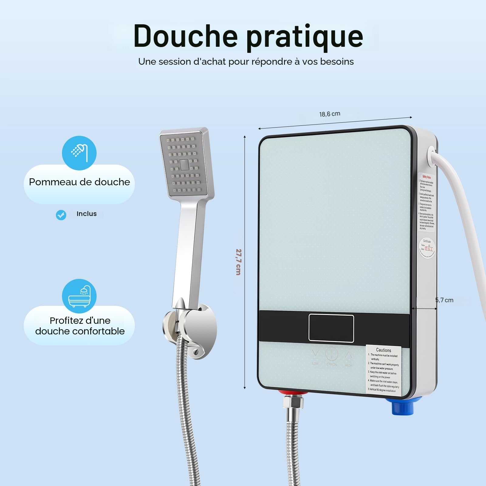 Chauffe-eau électrique instantané avec douchette à main - Chauffe-eau électrique pour salle de bain douche - 18,6 x 5,7 x 27,7 cm - 6500 W - Blanc