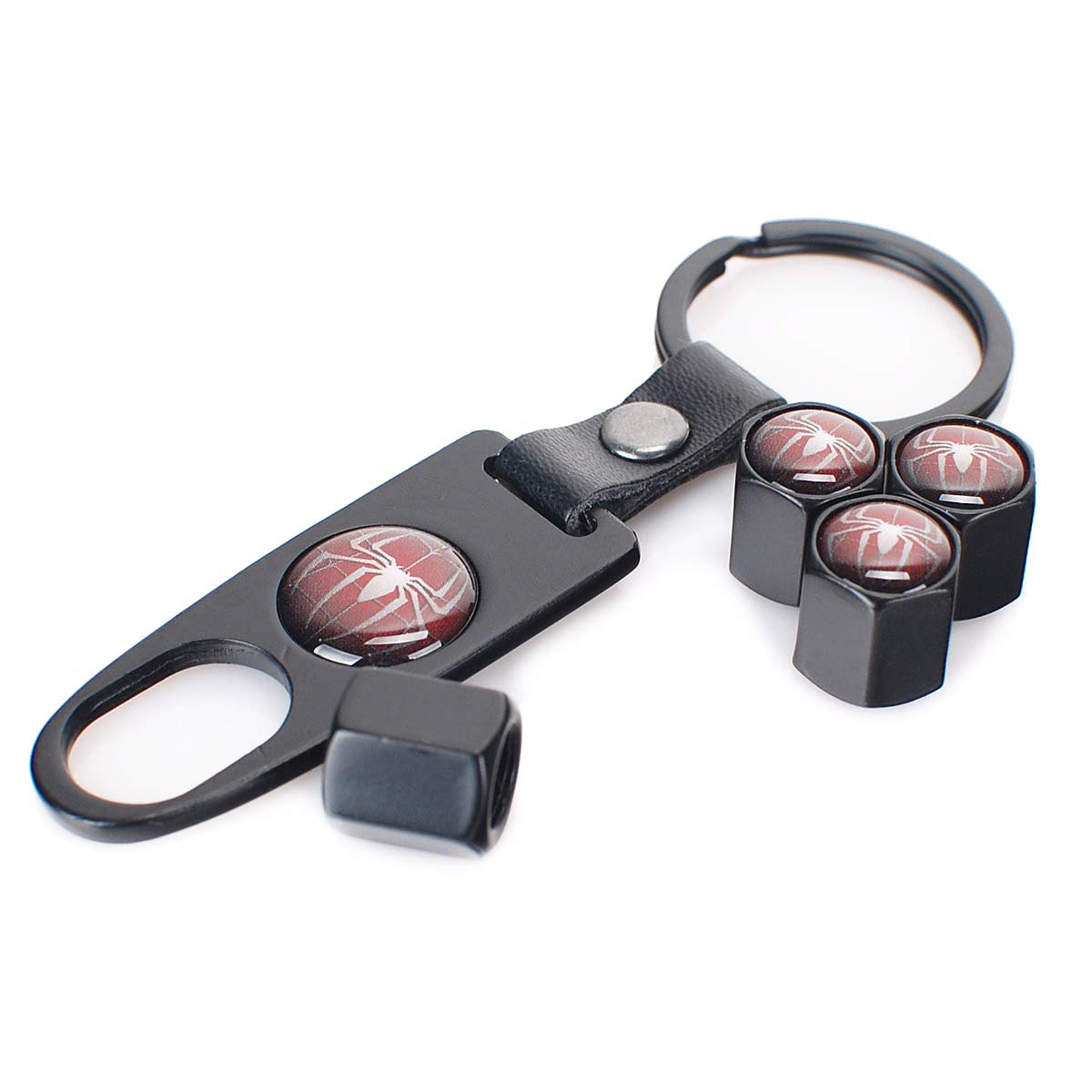 INCART Universal Steel (4pcs) Car Tire Valve Stem Air Caps Cover + (1pcs) Keychain Cool Classic Fashion Red Spider Black (for Spiderman)