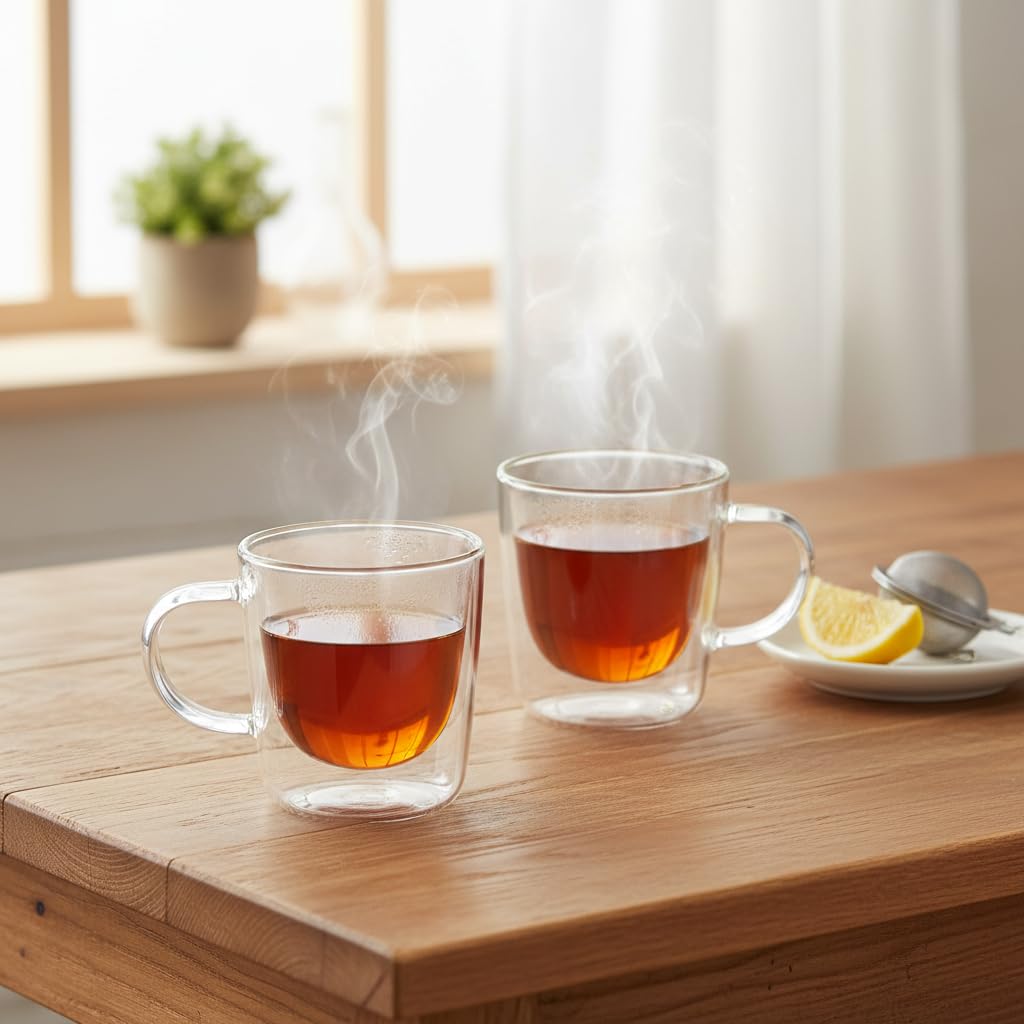 Deconox 2'li Çift Cidarlı Kulplu Cam Fincan Seti - 100 ml Isıya Dayanıklı Espresso ve Türk Kahvesi Bardağı - El Yakmayan Modern Tasarım (2 Adet)
