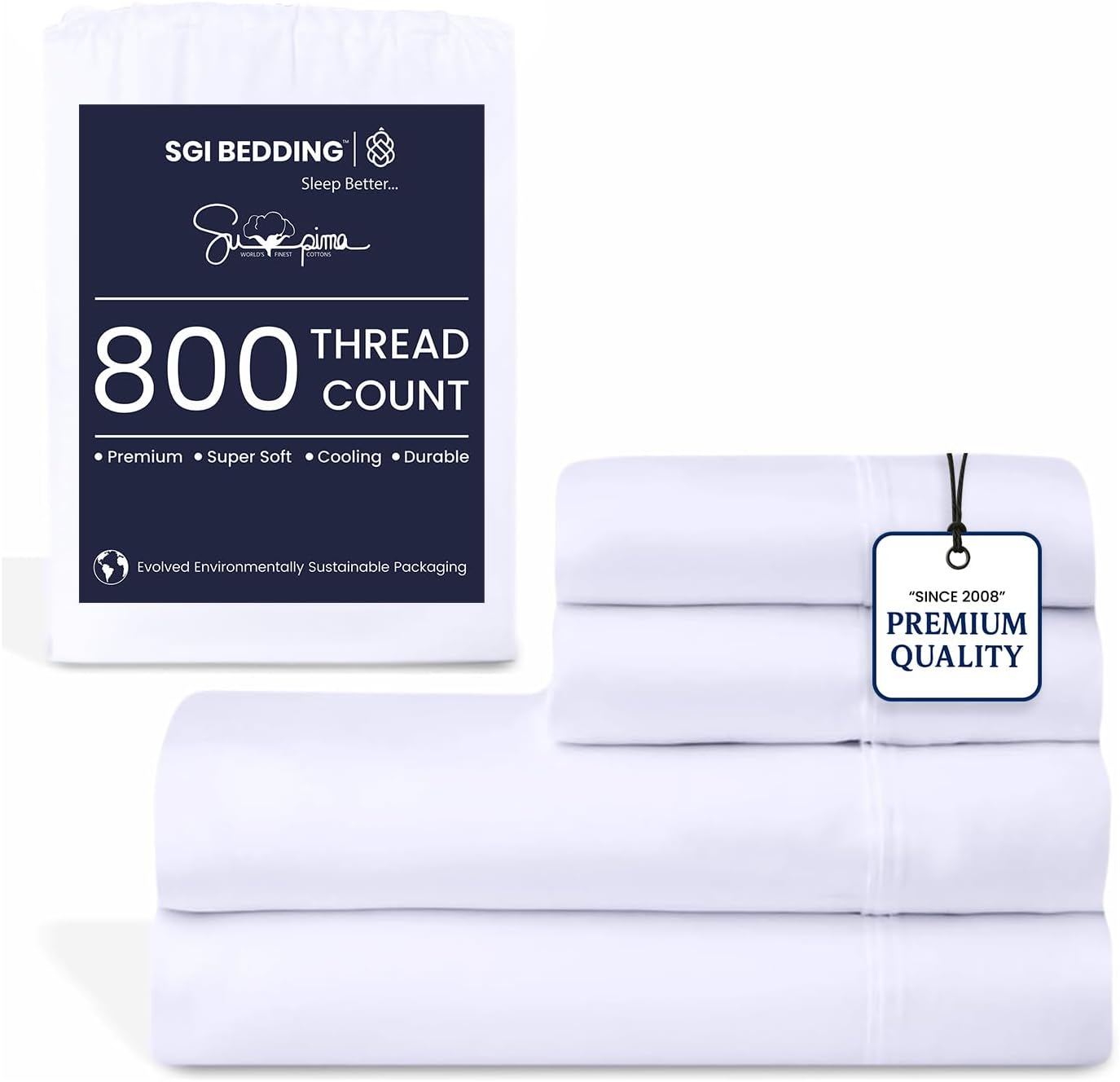 SGI 100% American Supima Cotton 800 Thread Count King Sheet Set – Luxury Sateen Weave, Ultra Soft, Breathable & Durable 4-Piece Bedding Set, Deep Pocket 15” Fitted – Hotel-Quality White Sheets - Thumbnail 2