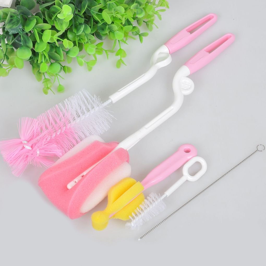 Suammiitstrieadea 5pcs Rotary Sponge Nylon Bristle Baby Bottle Brush Nipple Cleaning Brush Set