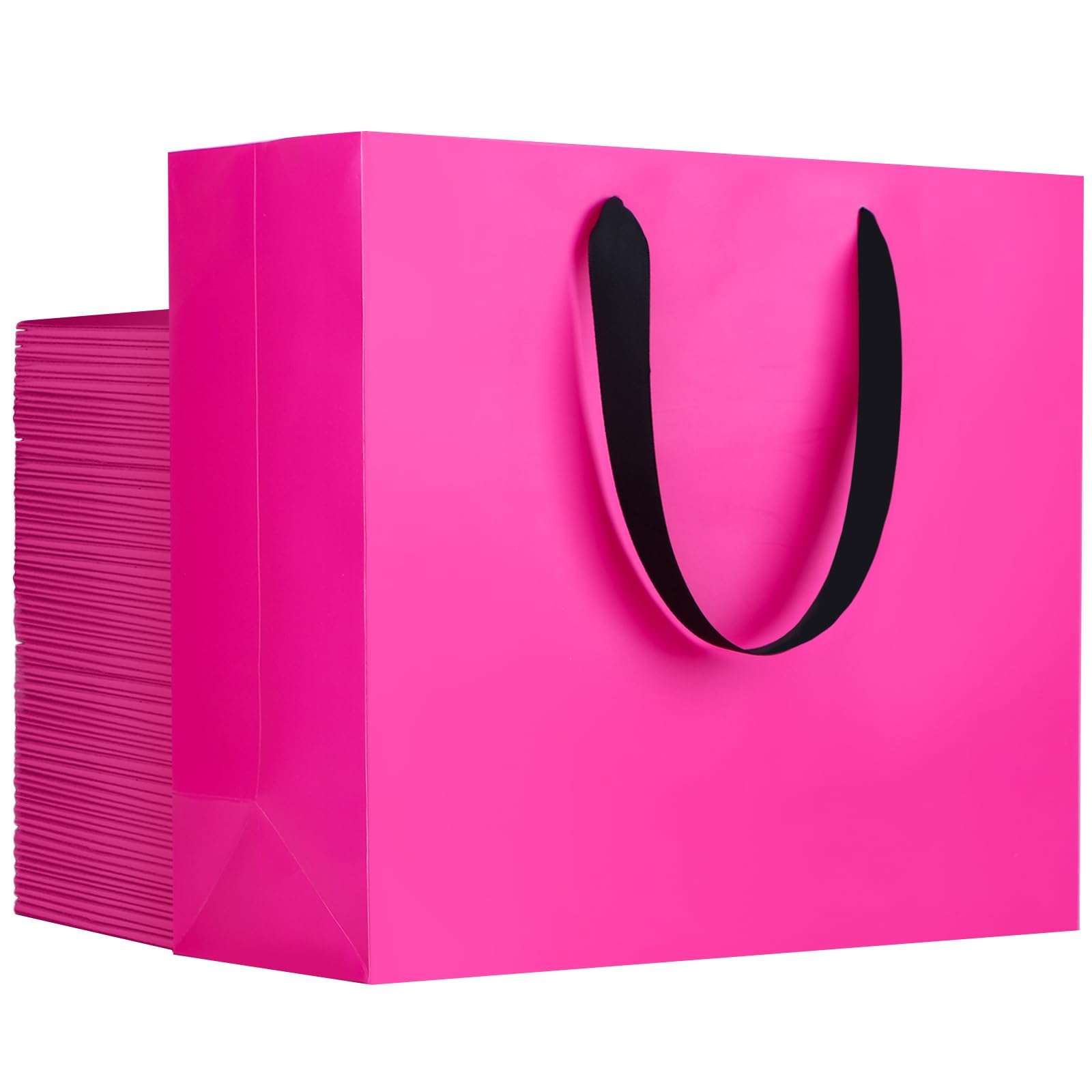 EUSOAR Hot Pink Gift Bags, 50pcs 12.5"x4.5"x11" Paper Gift Bags with Ribbon Handle, Gift Wrap Treat Thank You Bags Bulk for Wedding Party Favors Grocery Baby Shower Bridesmaid Birthday