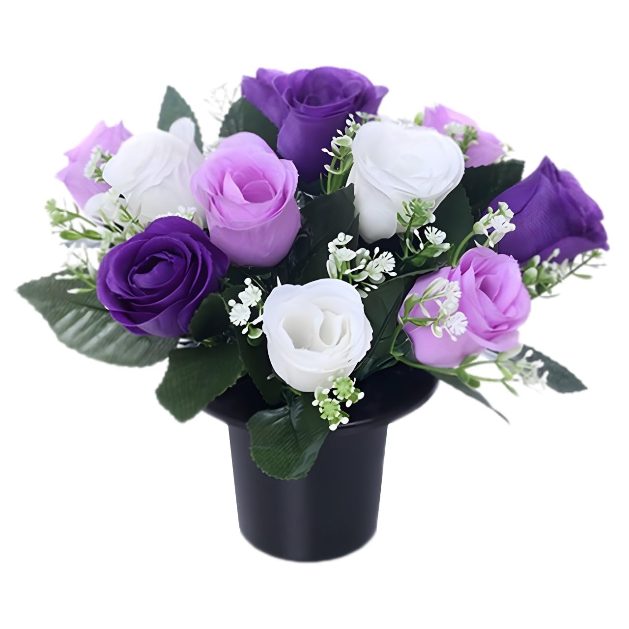 Caliko 25cm Grave Flower Pots Improved Design | Artificial Flowers for Graves in Pots | 12 Head Purple Ivory Cemetery Decorative Artificial Flowers for Christmas & Grave decoration | Grave Ornaments.
