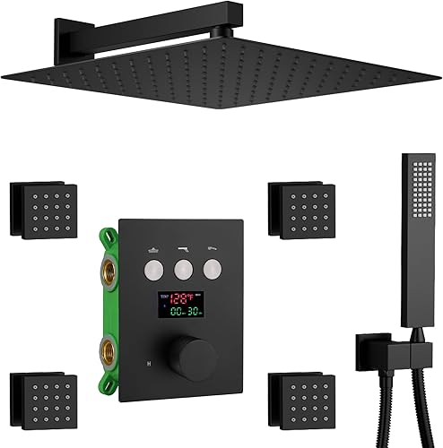 Sistema de ducha negro mate de 12 pulgadas, juego completo de grifo de ducha montado en la pared, sistema de ducha de cuerpo completo con chorros