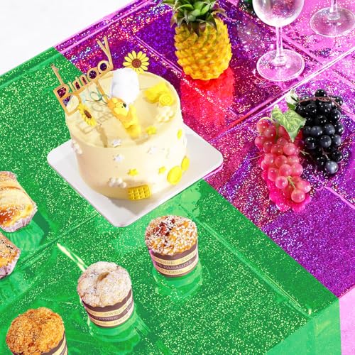 Image of 4 Pcs Iridescent Pink and Green Tablecloth Party Decorations, Holographic Foil Plastic Table Cloths for Rectangle Tables, Disposable Green and Pink Table Cover for Witch Theme Birthday Party Supplies