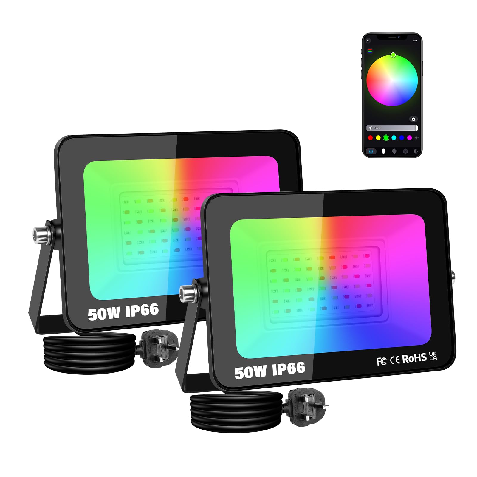 AUXTINGS 50w LED RGB Floodlight Outdoor Colour Changing,Smart Flood Lights APP Control with Plug, IP66 Waterproof Disco Lights Dimmable for Party Stage Garden Halloween Christmas Decorations,2 Pack