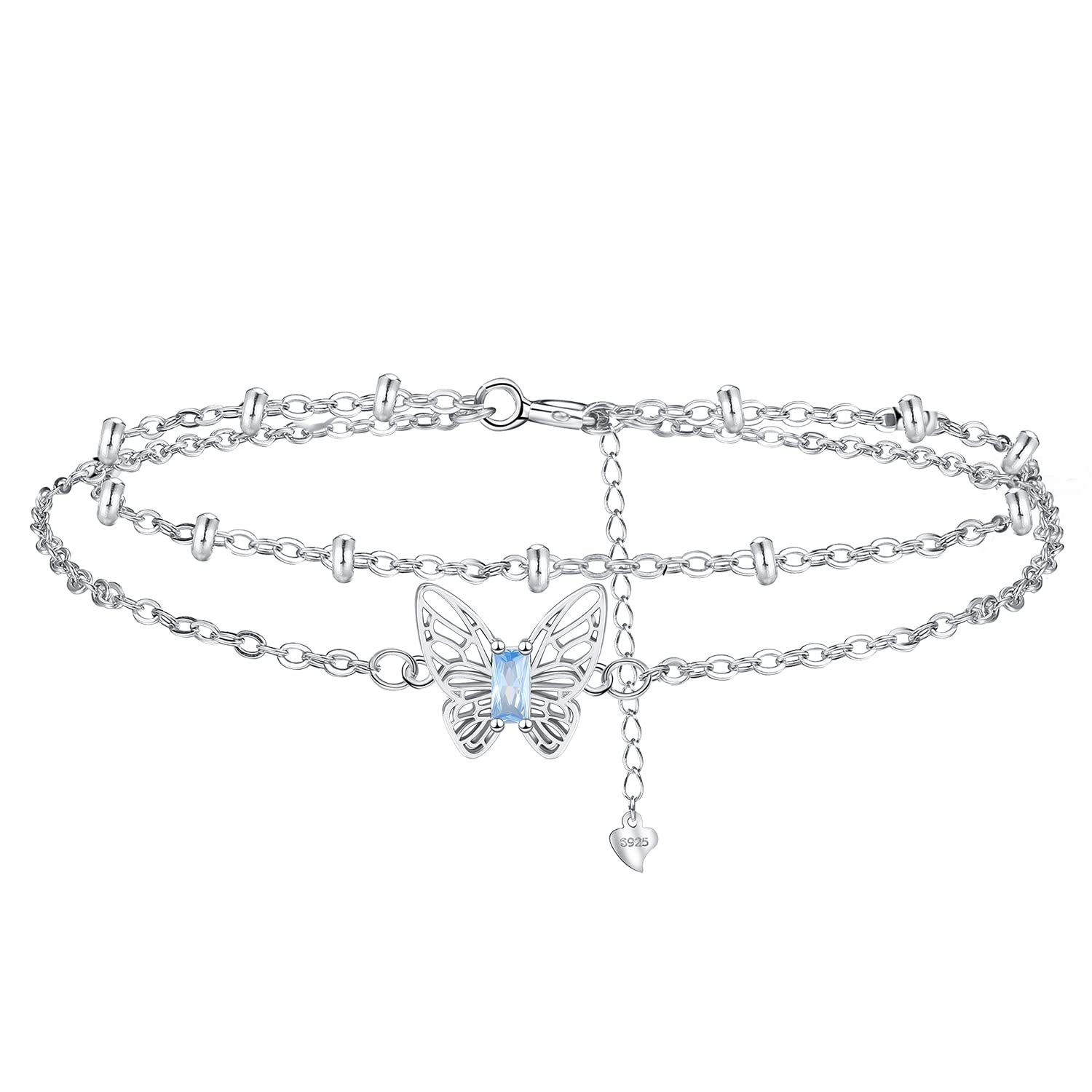 HifeeledMariposa Tobilleras Pulseras Plata de Ley 925 para Mujer Verano Descalzo Playa, Doble Cadena con Cuentas Ajustable 22cm+4