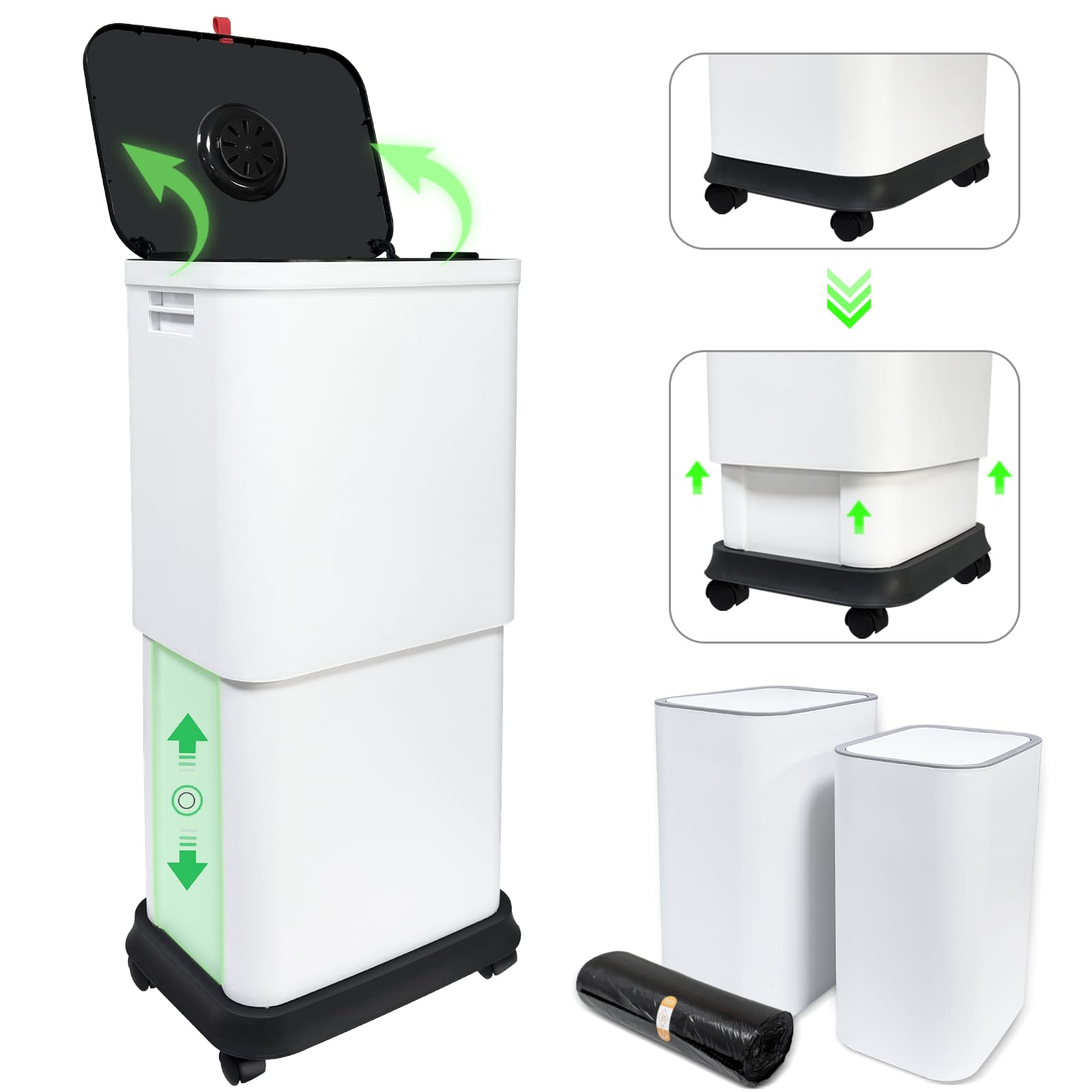 Gintan Cubo de basura de cocina con tapa ajustable, 25 – 45 L, extragrande, con ruedas, tapa hermética para residuos de cocina, con dos contenedores de basura de 9 litros con tapas (3 paquetes)