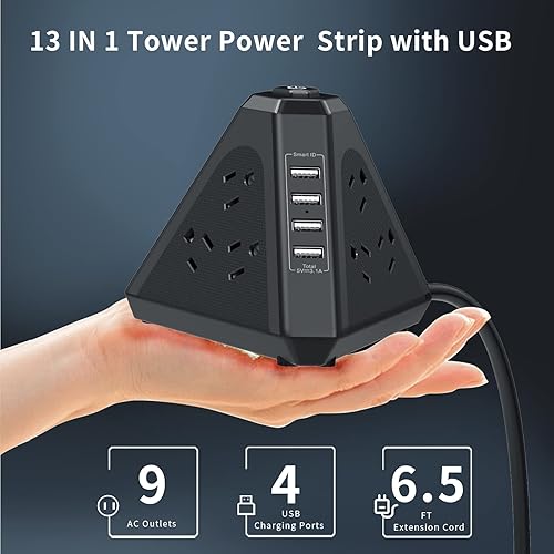 Miniatura 4 de Regleta protectora contra sobretensiones, salida triangular de 3 lados con 9 salidas de CA múltiples 4 puertos USB, cable de extensión de 6.5 pies