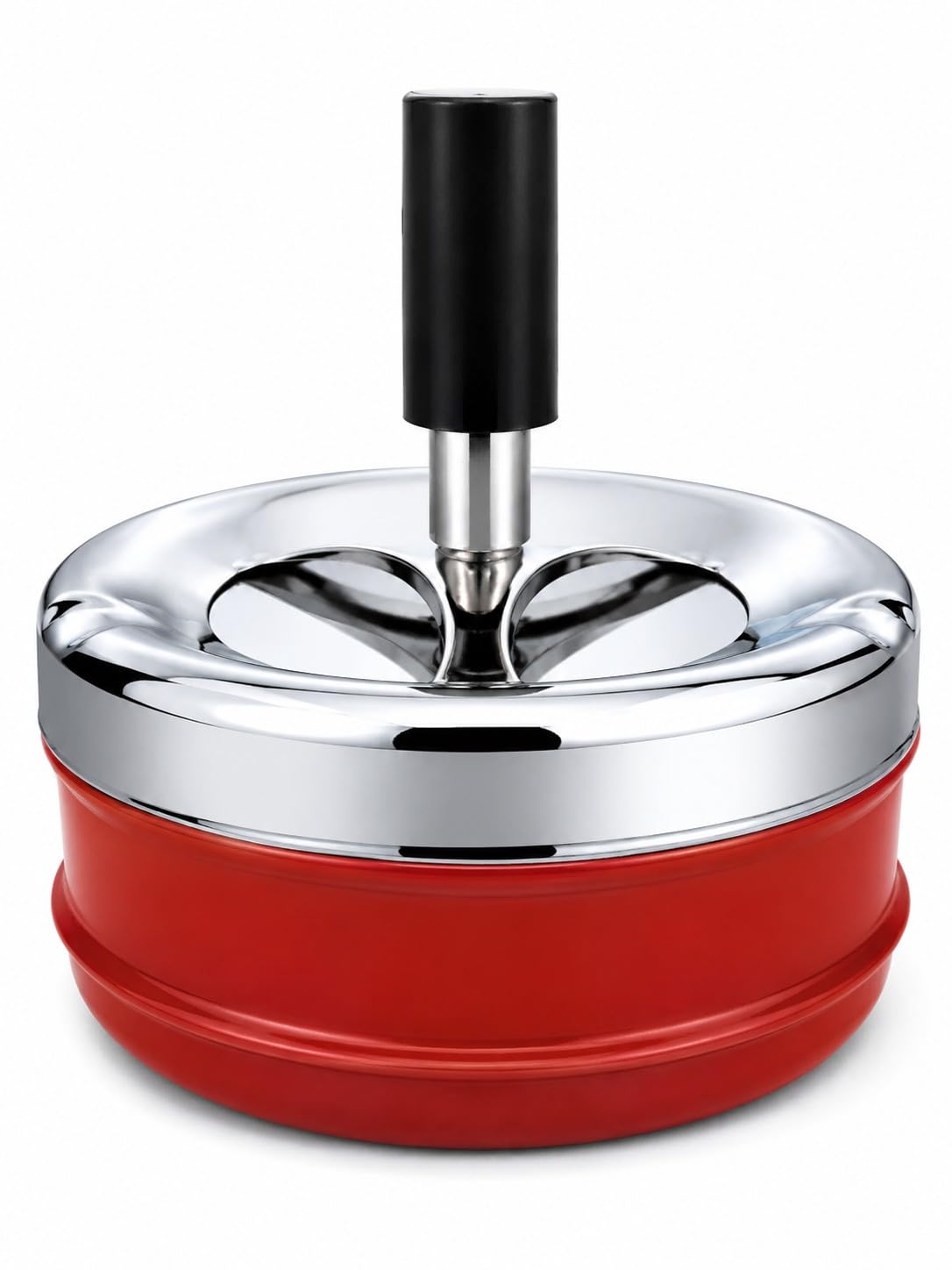 OrionMart Stainless Steel Tabletop Push Down Cigarette Spinning Ashtray with Lids | Windproof and Odor Free Cool Ashtray | For Home Indoors and Outdoors (Red)