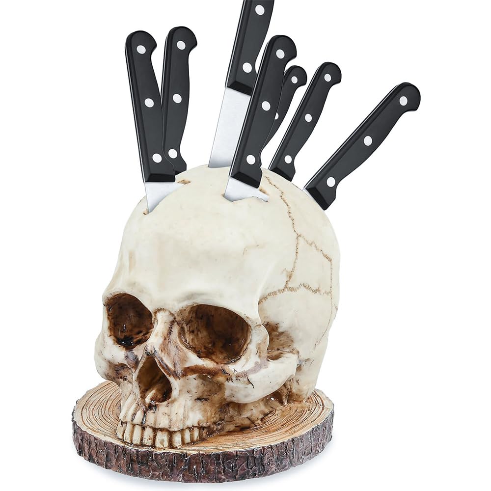 Portacuchillos gótico con forma de calavera, adorno de resina para cocina, organizador de cuchillos para decoraciones únicas en el hogar