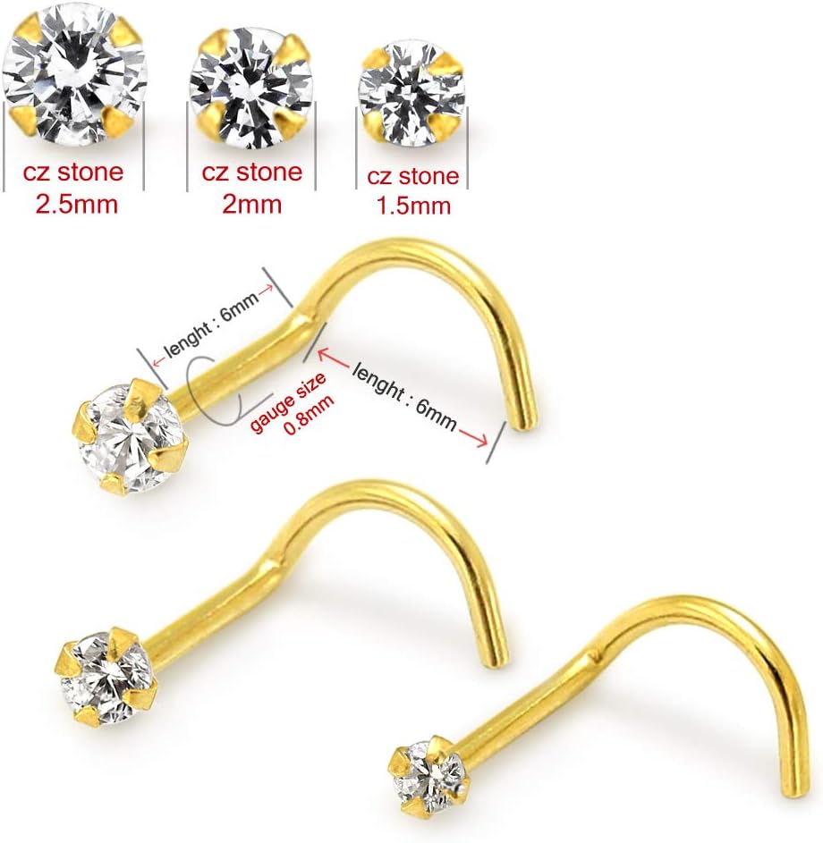 4 Piece Pack of 14ct Solid Yellow Gold Different Size Round CZ Stone 20 Gauge Nose Screw Piercing