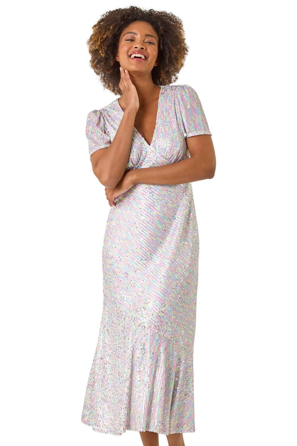 Roman Originals Women's Silver Sequin Frill Hem Midi Dress For Uk - Everyday Holiday Spring Summer V-Neckline Comfy Soft Evening Vacation Work Party - Size 18