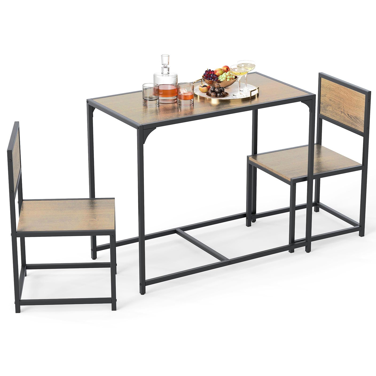COSTWAY Dining Table Chairs, 3 Piece Metal Frame Kitchen Counter Furniture Include 1 Table and 2 Chairs, Home Office Living Room Breakfast Bar Table Set (Natural, without Footrest)