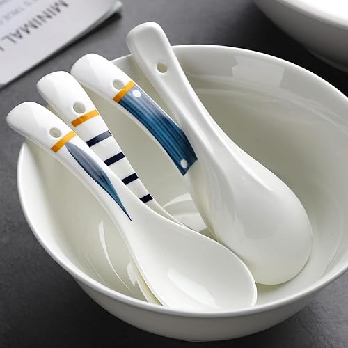 Miniatura 6 de Juego de 4 cucharas de sopa asiáticas de cerámica, cucharas japonesas de ramen, cucharas de sopa china de porcelana para fideos ramen, mezcla Pho