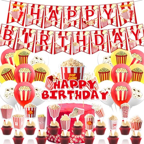 Palomitas de maíz decoraciones de fiesta de cumpleaños - pancartas, cupcakes, decoración para tartas, globos para noche de película, carnaval, accesorios de circo
