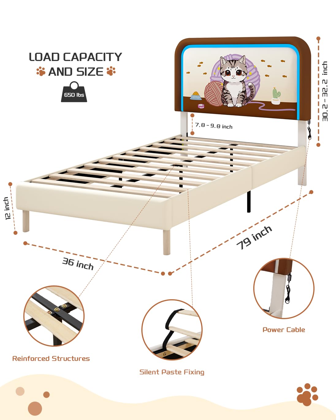 aoohxzr Twin Smart LED Bed Frames for Kids,with Adjustable Cute Cat Theme Headboard, Full Size Platform Bed Frames for Boys and Girls, Wooden Slats Support, No Box Spring Needed, Easy Assembly
