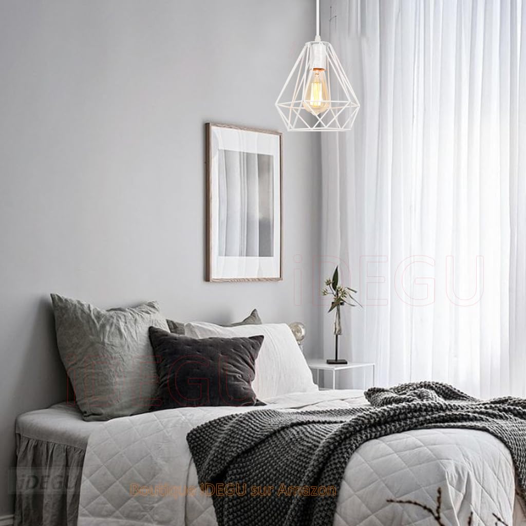 iDEGU Lot de 2 Suspensions Luminaires Moderne 20cm Éclairage de Plafond E27 Lustre Industriel en Métal Abat-jour Luminaire Design Cage Suspension Vintage pour Chambre Cuisine Café Restaurent (Blanc)