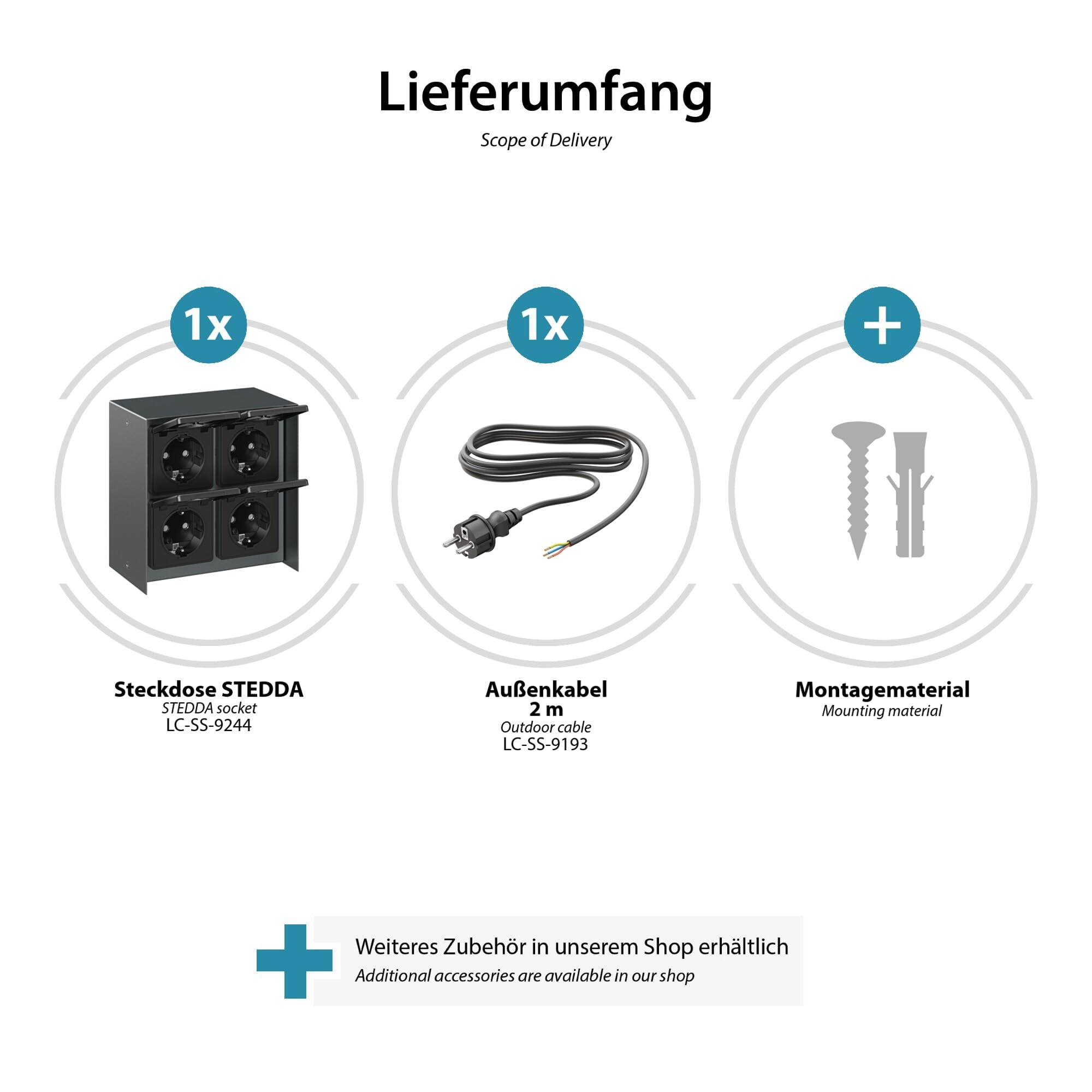 ledscom.de 2X Außensteckdose 4-Fach STEDDA und 2m Kabel, IP44, Edelstahl anthrazit quadratisch, Steckdosen für Garten, Terrasse und Außenbereich