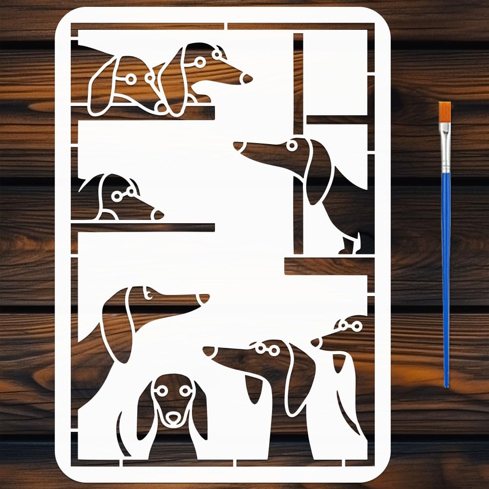FINGERINSPIRE Dachshund Stencils with Paintbrush 29.7x21cm Reusable Cute Peeping Dachshund Dog Stencil A4 Size Animal DIY Craft Stencil for Painting on Wood Fabric Wall Paper Furniture