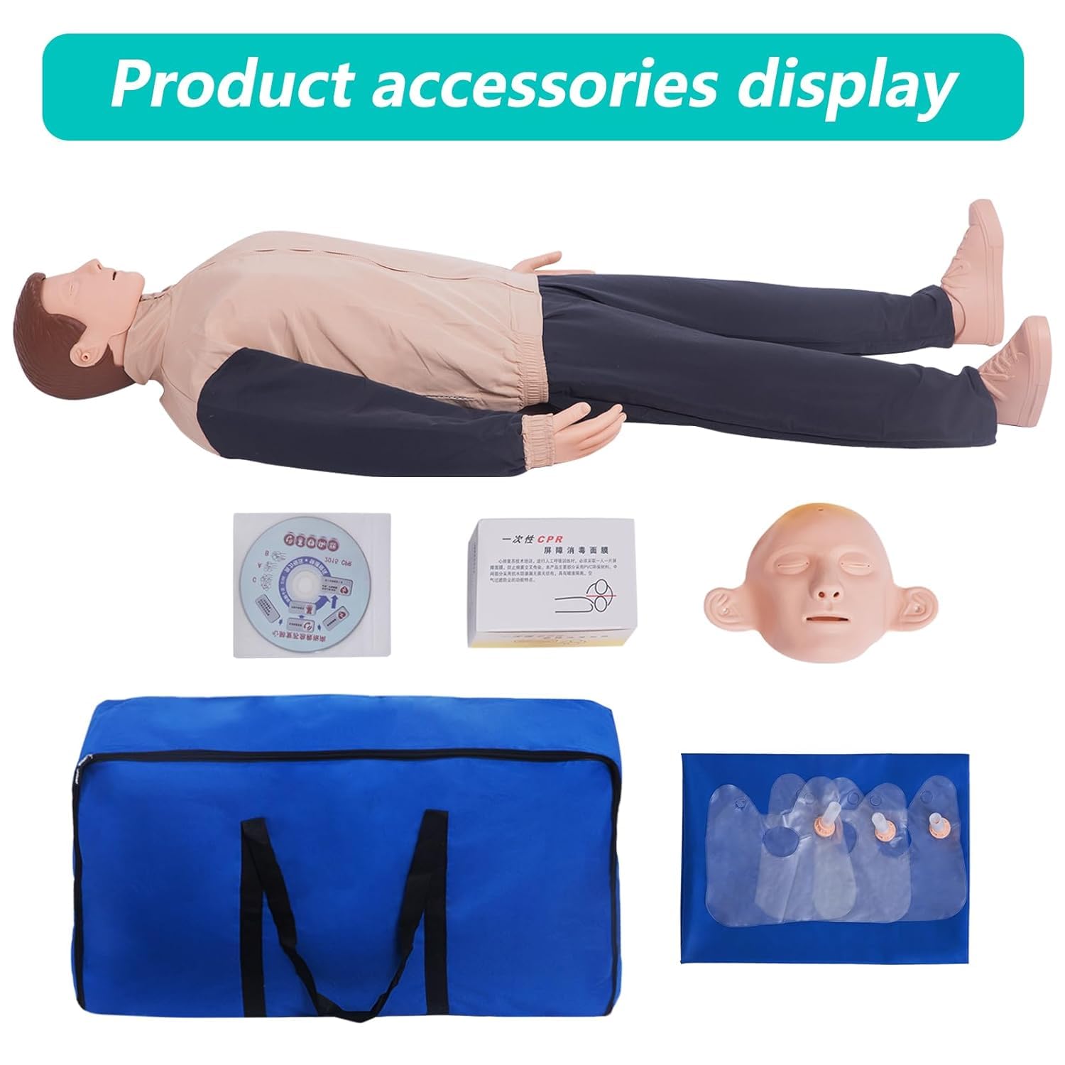 Manichino Primo Soccorso RCP Kit Manichino Intero per Rianimazione con Pelle del Viso Sostituibile & 4 Sacche Polmonari Sostituibili & Borsa Portaoggetti & Stuoia Supporto Ideale per Docenza
