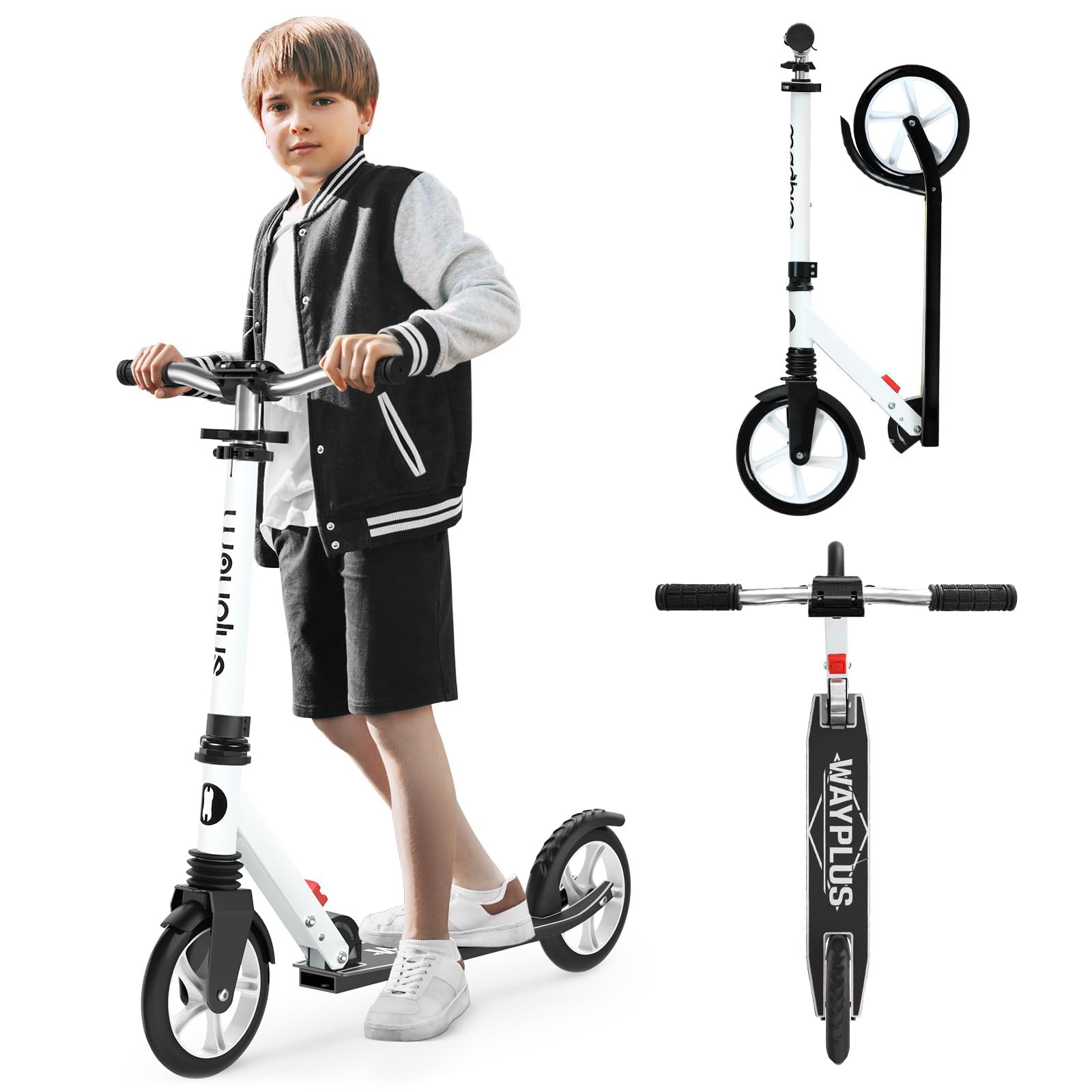 WAYPLUS Scooter for Kids, 4-Level Height Adjustable, Folds in One Second, Lean-to-Steer, 200mm Big Wheels, Holds up to 108kg, 2 Wheels Scooters, Ideal for Ages 6+ (White-1)
