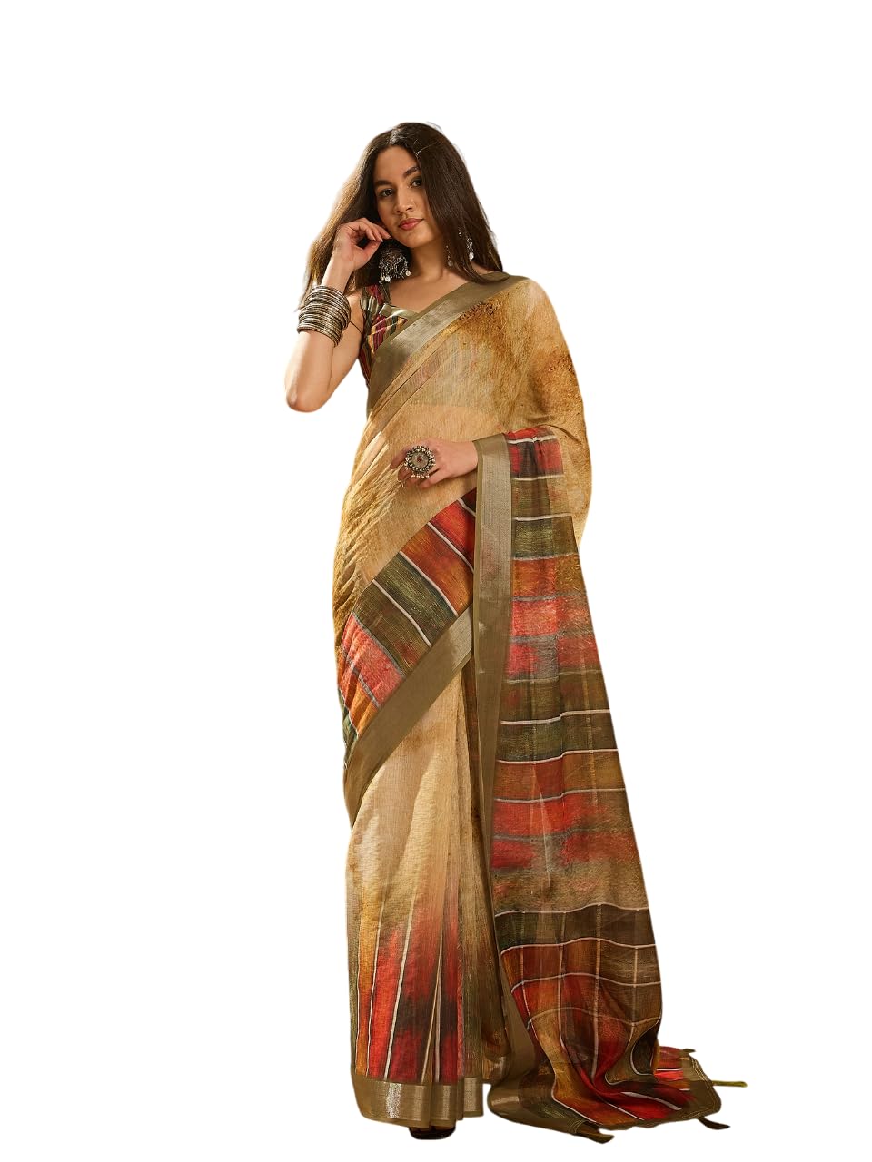 maroosh Women'S Coffee Brown Color Linen Cotton Blend Digital Print & Silver Zari Border Saree (MRSSKTBEE38278E)-picture-37
