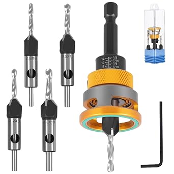 6 Pcs Countersink Drill Bit Set with Depth Stop HSS Drill Countersink with 1/4 Inch Hex Precision Drilling Tool for Wood Processing(Golden)