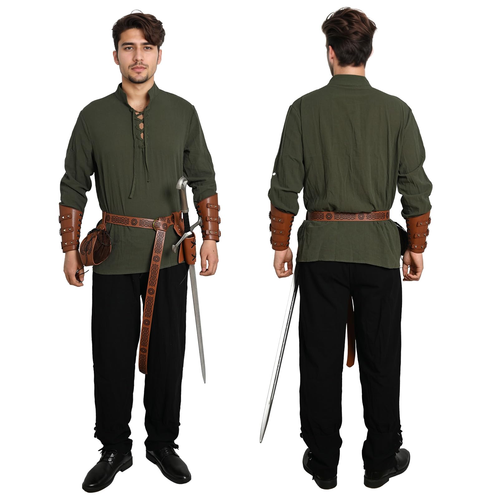 Costume da uomo medievale rinascimentale, costume vichingo, camicia con lacci, pantaloni da uomo con accessori, costume di Halloween per cosplay, maschera, mago