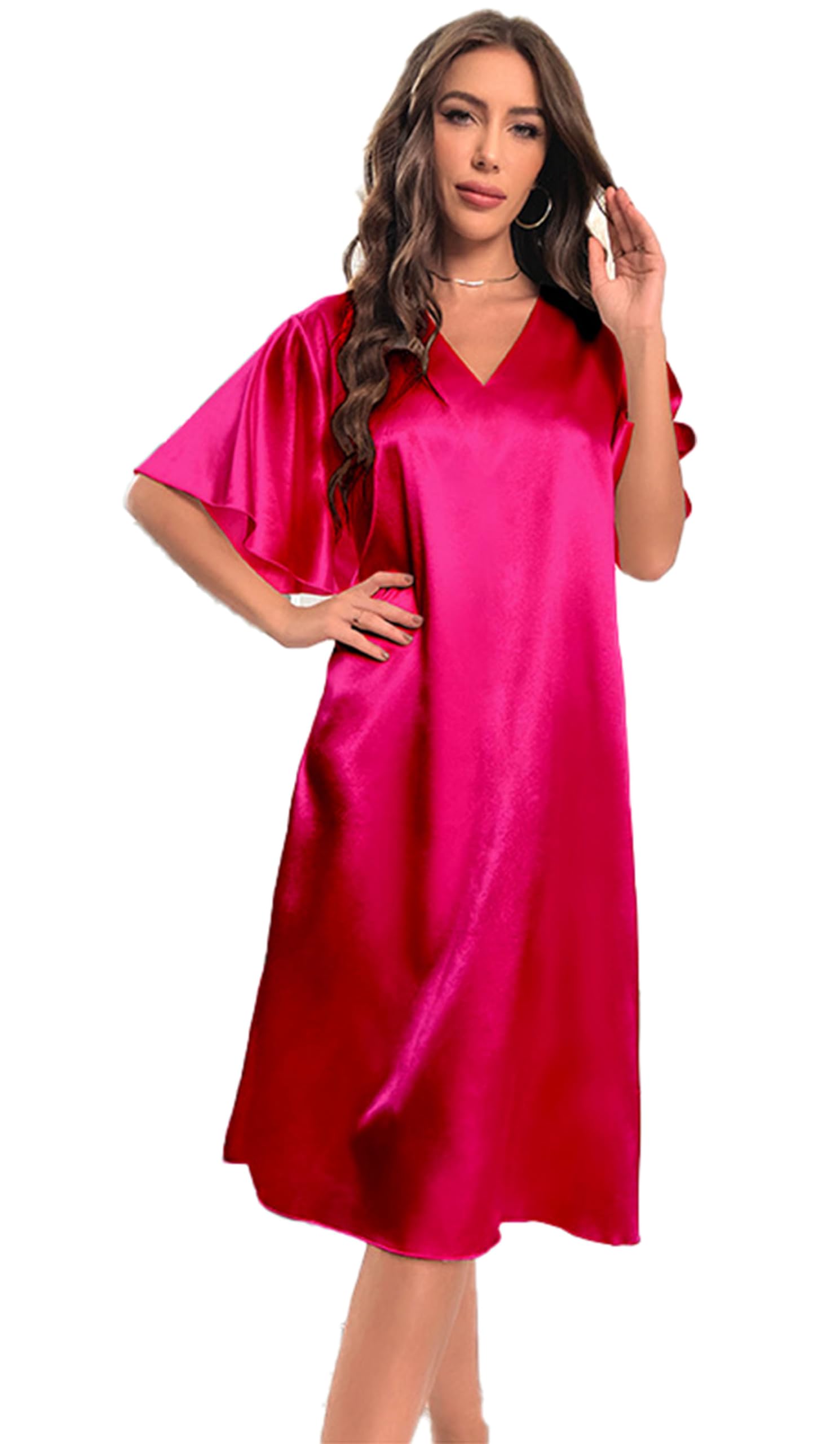 Chemise de Nuit en Soie de Simulation pour Femmes Chemise de Nuit à Manches Courtes Chemise de Nuit à col en V Chemise de Nuit