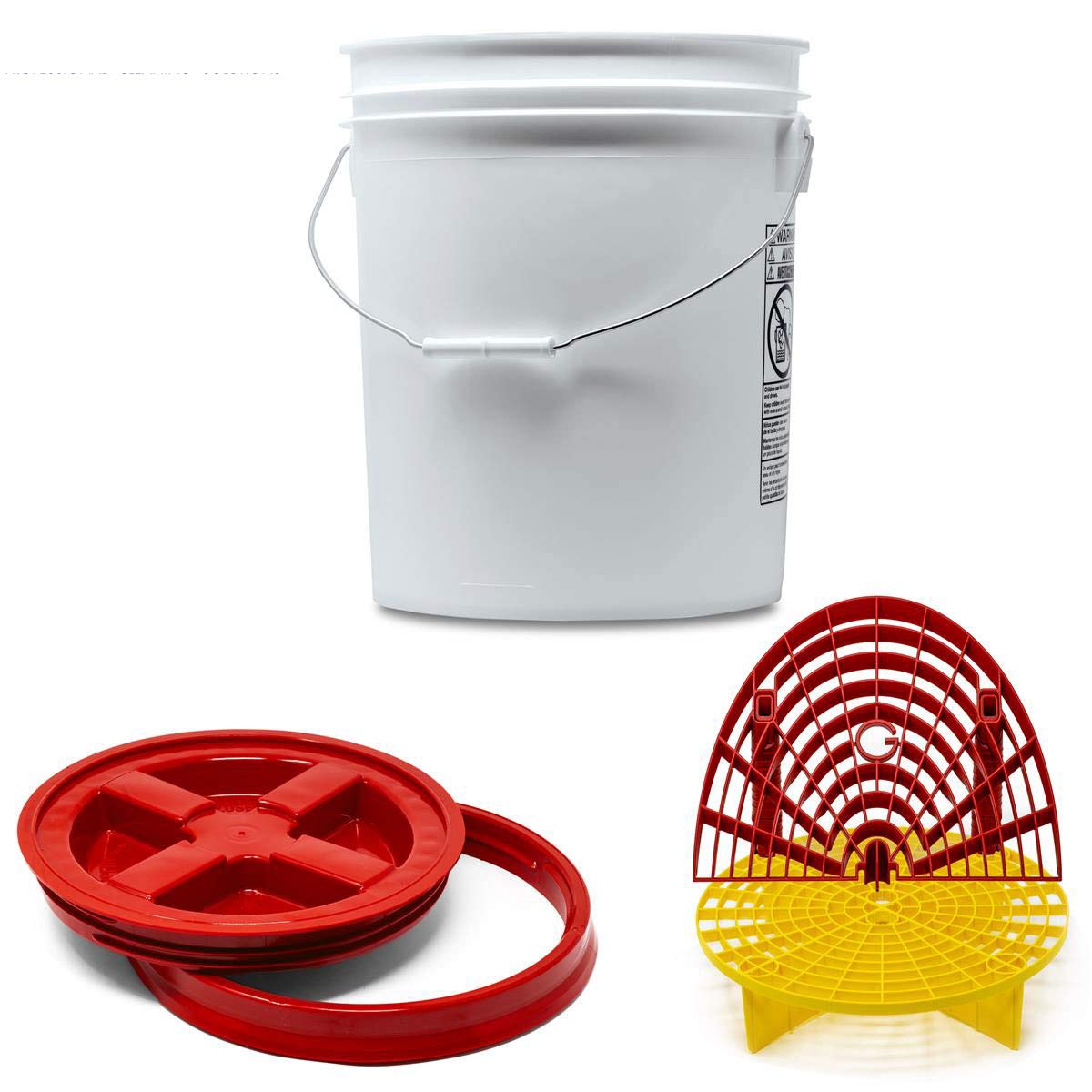 Detailmate professionelles Wasch Eimer Set: Magic Bucket Wascheimer 5 GAL (ca. 20 Liter), Gamma Seal Eimerdeckel rot, GritGuard Schmutz Einsatz gelb, GritGuard Washboard rot