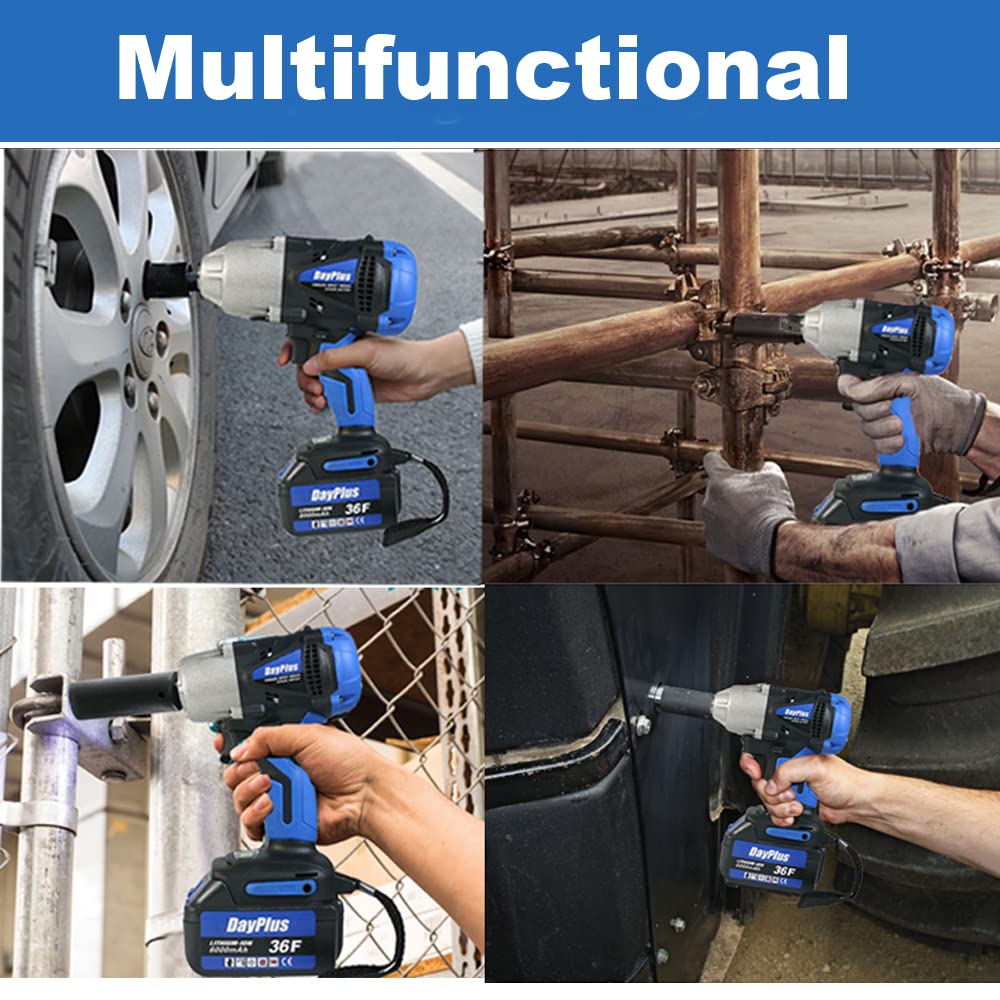 DayPlus Atornillador de impacto inalámbrico de 1/2 pulgadas con batería de 18 V, 1 batería de 6,0 Ah, 420 Nm, llave de impacto, 4 llaves de vaso, 14/17/19/22 mm, 2 marchas ajustable con maletín
