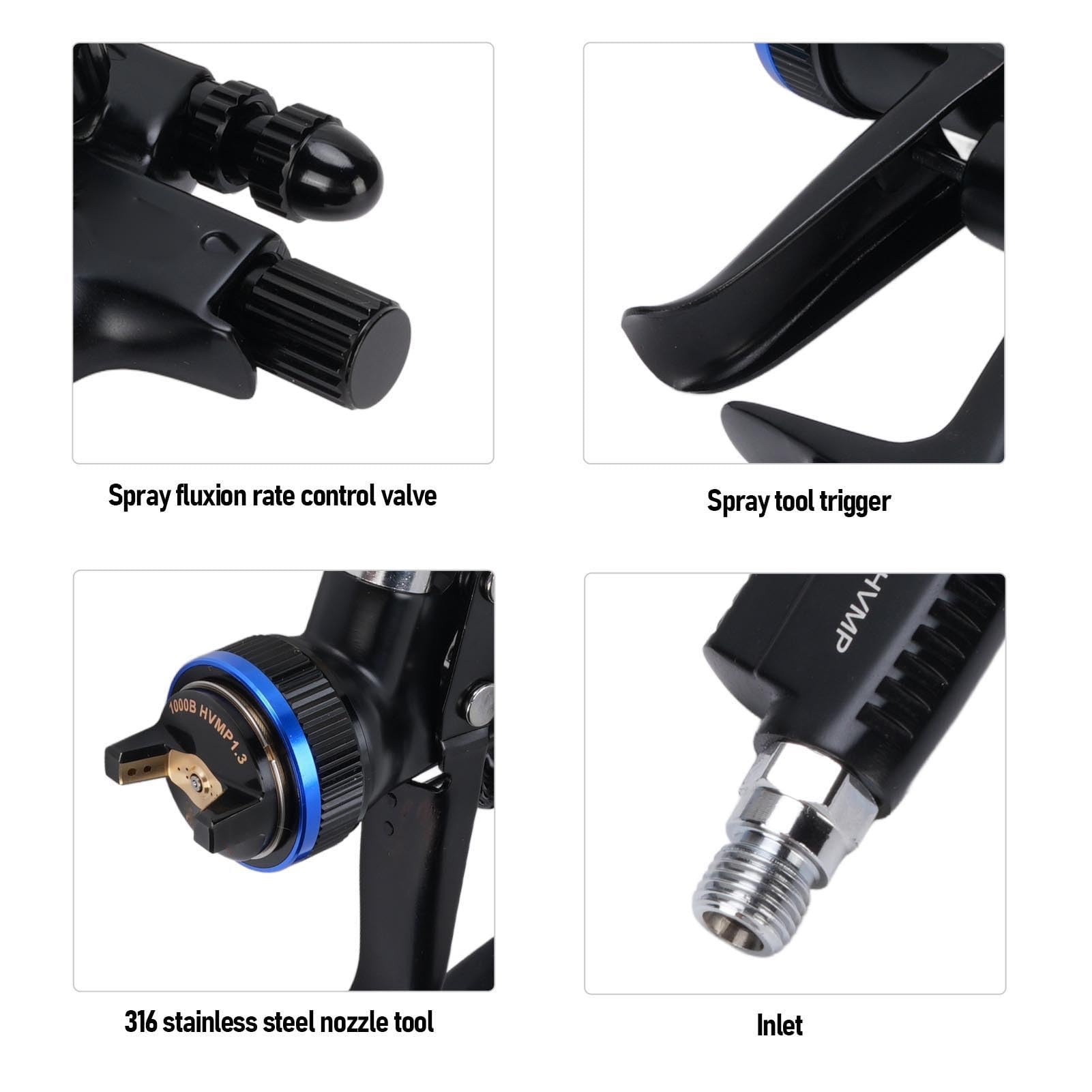 HEEPDD Pistolet do Malowania Samochodów HVLP 1000B, Pistolet do Natryskiwania Powietrza ze Stali Nierdzewnej ze Stopu Aluminium z dyszą 1,3 Mm Kubek 600 Ml Podkładu Samochodowego Malowanie ścian Mebli