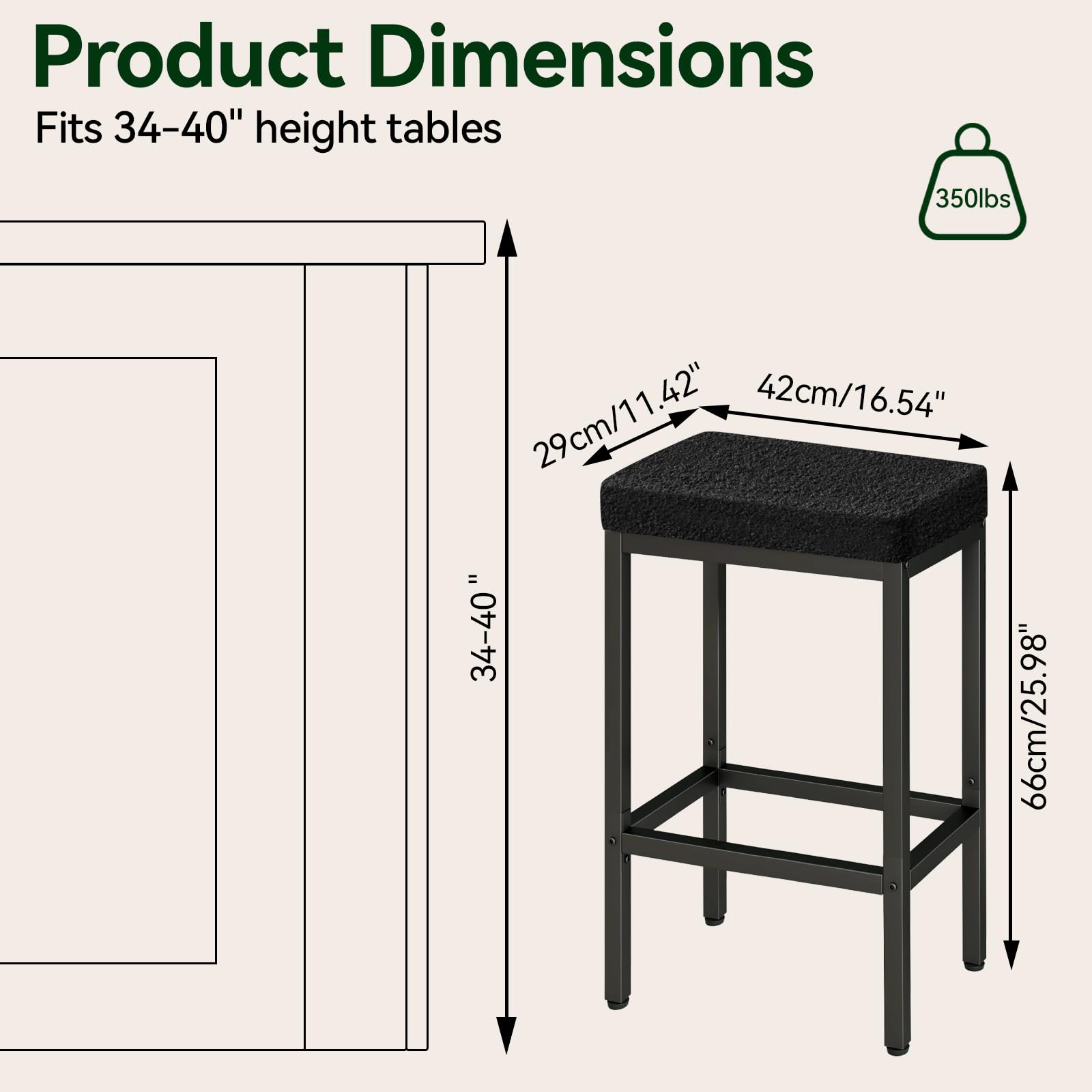 YMYNY 66 cm Tabourets Bar Lot de 2 Métal Tissu, Noir HBS514B