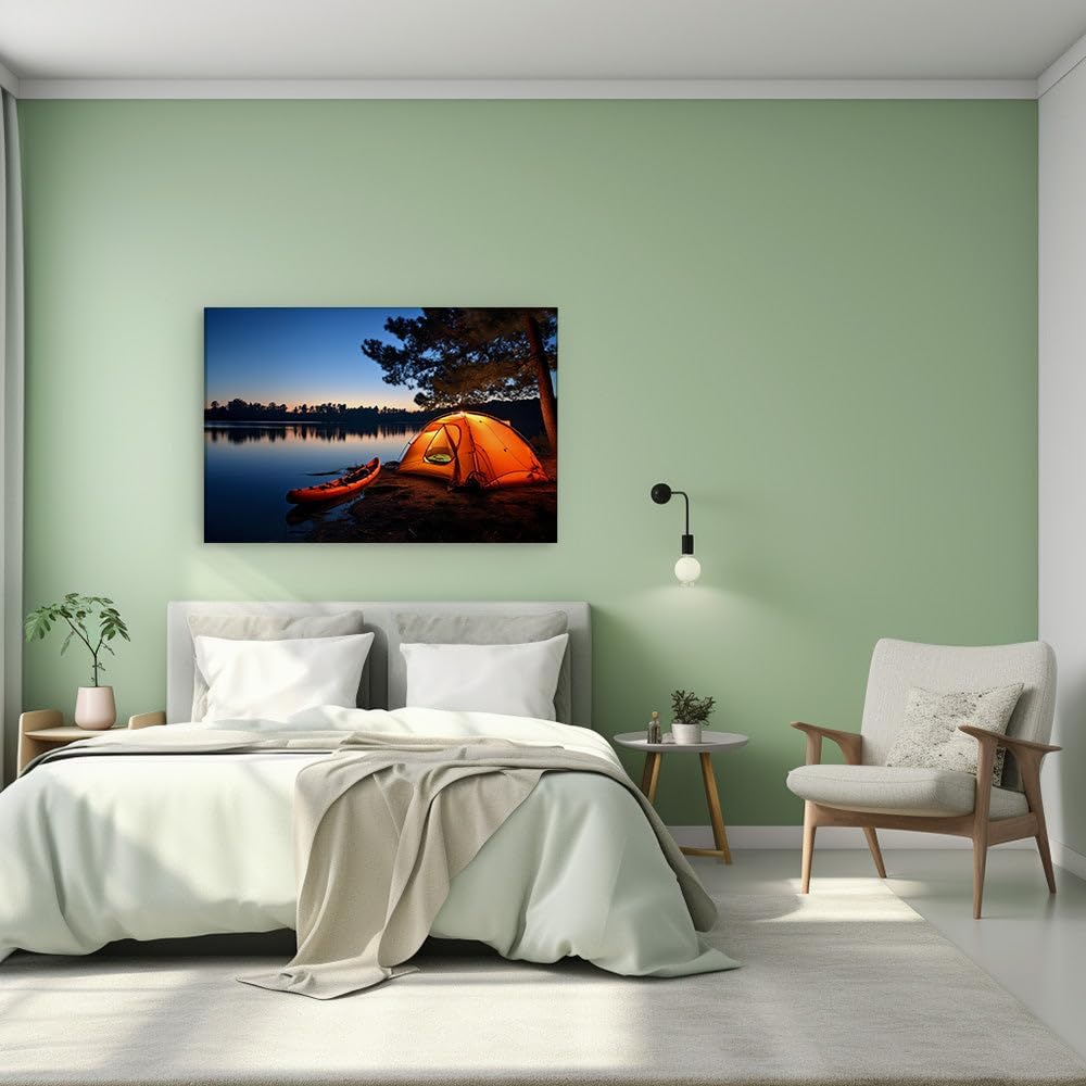 Canvas for Living room. Illuminated Serenity: Dusk's Embrace on a Lakeside Camping Retreat, 27 x 18 inch Canvas Wall Art - Contemporary Masterpieces - Modern Home Decor