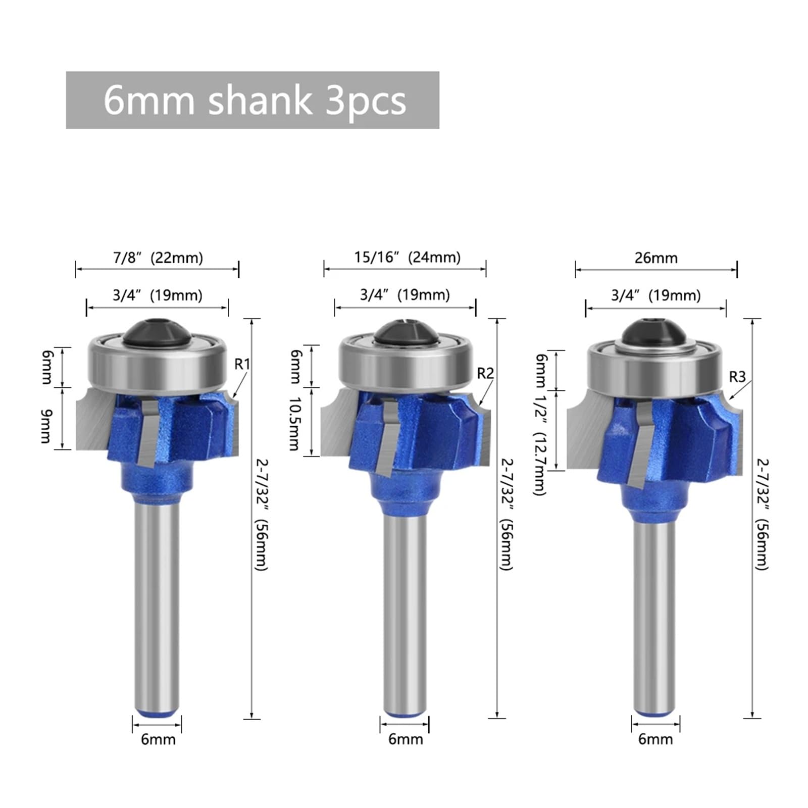 3 szt. 6 mm 1/4 trzonek wysokiej jakości 4 ostrza zestaw frezów do obróbki drewna R1 R2 R3 nóż do przycinania krawędzi(6mm Shank)